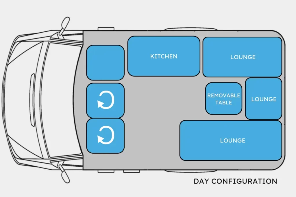 Day time configuration for VW transporter camper van layout with bench seating and interior kitchen
