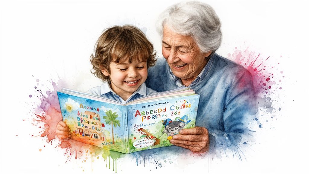 A happy grandmother and grandchild read a colorful, open book together, surrounded by watercolor splashes.