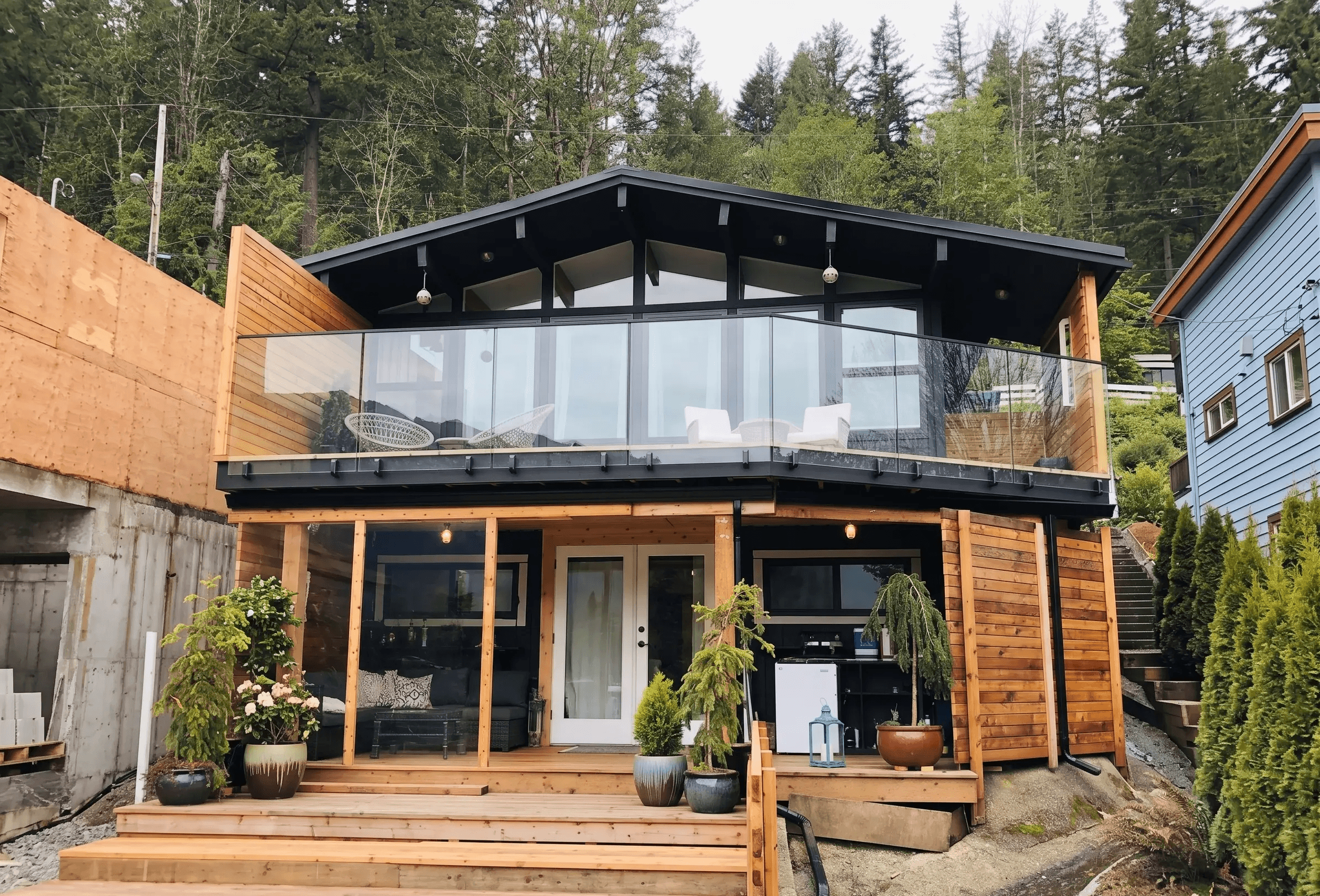 A straight-on view of a two-story modern cabin features an upper balcony enclosed by a frameless glass railing system. The clear glass panels are securely anchored along the bottom edge by dark metal railing trails that match the house's black trim.
