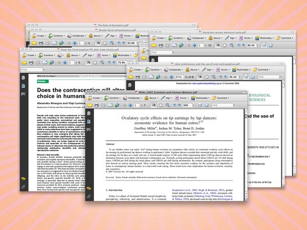 A collage of computer screens displays various web pages and documents. The central focus is a white page titled “Ovulatory cycle effects on tip earnings by lap dancers: Geoffrey Miller*, Joshua M. Tybar, Brent D. Jordan,” with citations including “Kankani et al., 1996; Singh & Bromstad, 2001; Kankani et al., 2004; Smith et al., 2004; Kankani et al., 2006; Smith et al., 2006; Kankani et al., 2006; Kankani et al., 2006; Kankani et al., 2006; Kankani et al., 2006; Kankani et al., 2006; Kankani et al., 2006; Kankani et al., 2006; Kankani et al., 2006; Kankani et al., 2006; Kankani et al., 2006; Kankani et al., 2006; Kankani et al., 2006; Kankani et al., 2006; Kankani et al., 2006; Kankani et al., 2006; Kankani et al., 2006; Kankani et al., 2006; Kankani et al., 2006; Kankani et al., 2006; Kankani et al., 2006; Kankani et al., 2006; Kankani et al., 2006; Kankani et al., 2006; Kankani et al., 2006; Kankani et al., 2006; Kankani et al., 2006; Kankani et al., 2006; Kankani et al., 2006; Kankani et al., 2006; Kankani et al., 2006; Kankani et al., 2006; Kankani et al., 2006; Kankani et al., 2006; Kankani et al., 2006; Kankani et al., 2006; Kankani et al., 2006; Kankani et al., 2006; Kankani et al., 2006; Kankani et al., 2006; Kankani et al., 2006; Kankani et al., 2006; Kankani et al., 2006; Kankani et al., 2006; Kankani et al., 2006; Kankani et al., 2006; Kankani et al., 2006; Kankani et al., 2006; Kankani et al., 2006; Kankani et al., 2006; Kankani et al., 2006; Kankani et al., 2006; Kankani et al., 2006; Kankani et al., 2006; Kankani et al., 2006; Kankani et al., 2006; Kankani et al., 2006; Kankani et al., 2006; Kankani et al., 2006; Kankani et al., 2006; Kankani et al., 2006; Kankani et al., 2006; Kankani et al., 2006; Kankani et al., 2006; Kankani et al., 2006; Kankani et al., 2006; Kankani et al., 2006; Kankani et al., 2006; Kankani et al., 2006; Kankani et al., 2006; Kankani et al., 2006; Kankani et al., 2006; Kankani et al., 2006; Kankani et al., 2006; Kankani et al.,