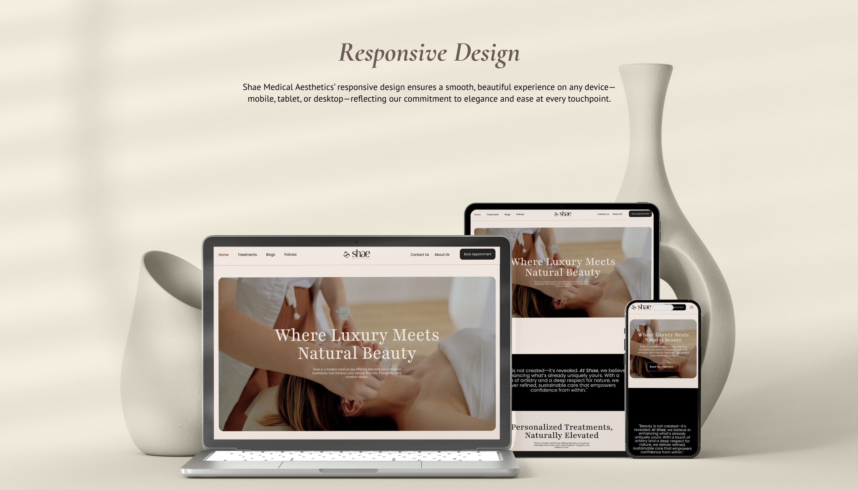 Responsive design showcase of Shae Medical Aesthetics' website displayed on a laptop, tablet, and smartphone, featuring the tagline 'Where Luxury Meets Natural Beauty' and images of aesthetic treatments, demonstrating a smooth and elegant user experience across all devices.