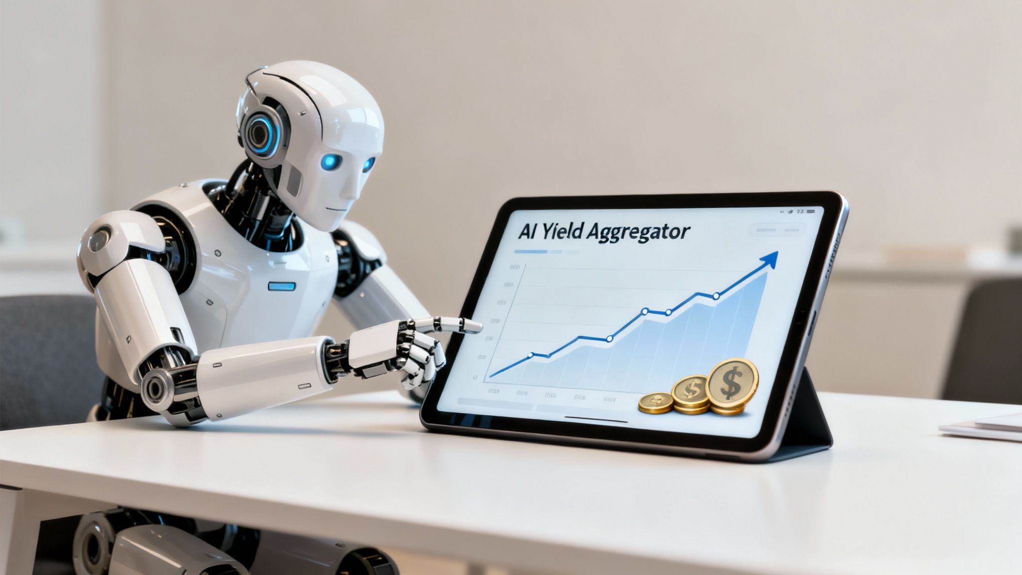 A humanoid robot points to a tablet displaying an 'AI Yield Aggregator' graph with an upward trend and dollar coins.