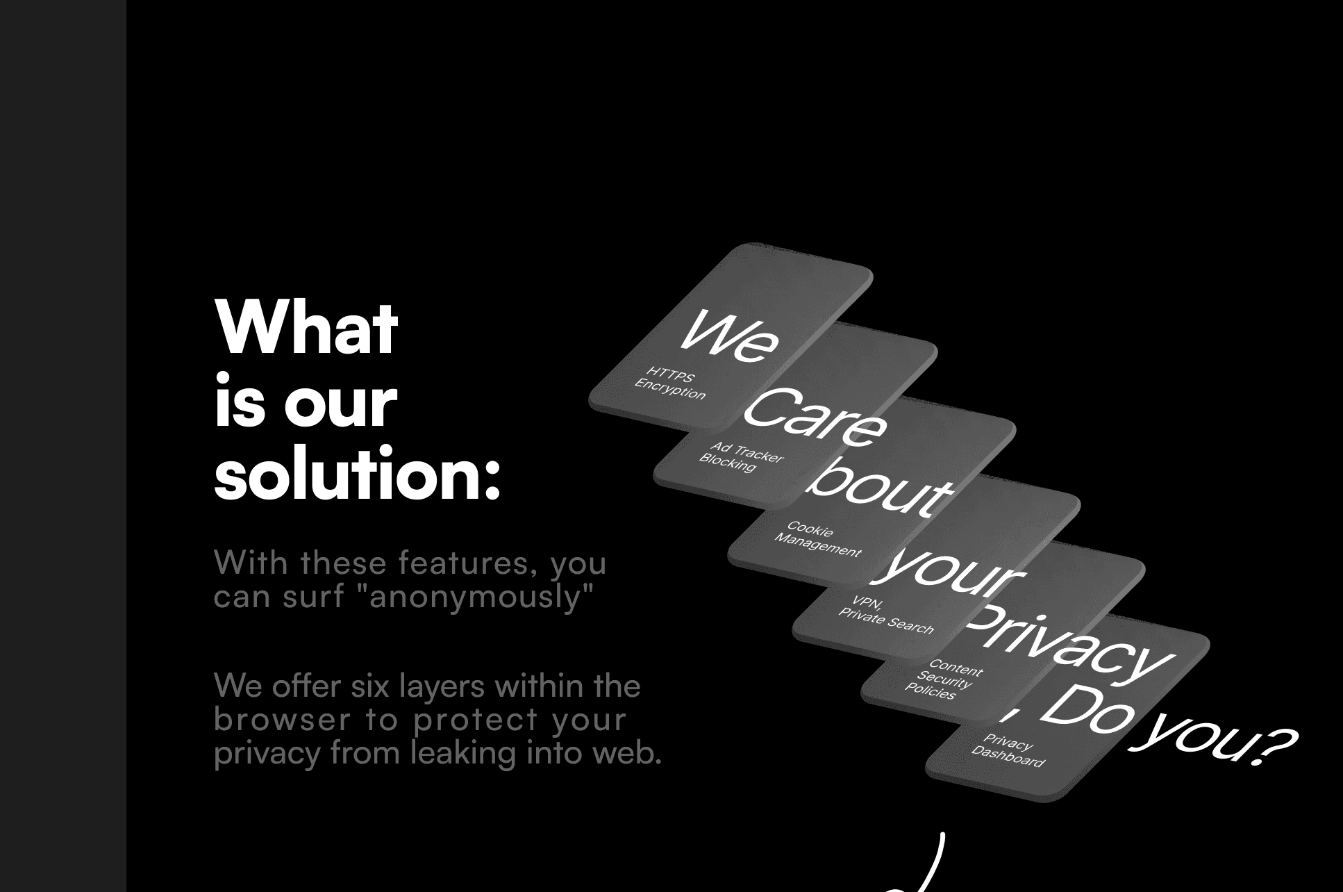 Act 3 — the solution: six protection layers, revealed as cards. 'We care about your privacy, do you?'