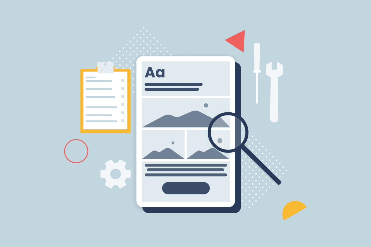 An illustration of a mobile mockup, with a heading, three images, a text section, and a button. The mobile is surrounded by research illustrations on a pale blue background. 