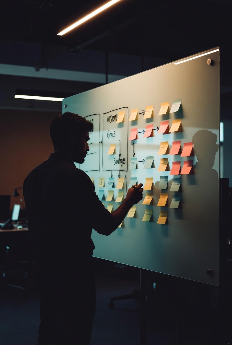 Person sitting in a modern office in front of a wall covered with notes and sketches.