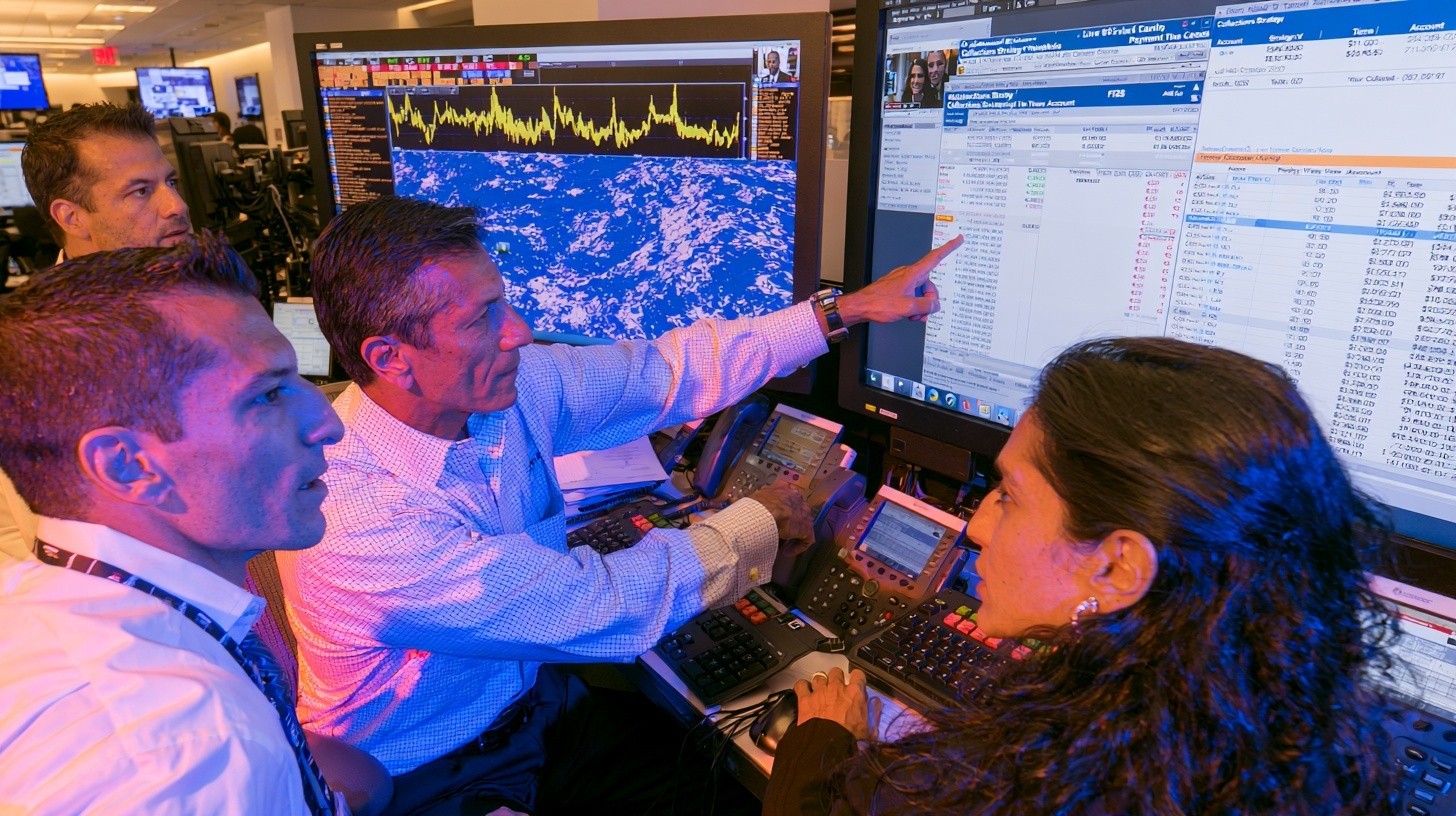 A collections strategy team reviews live customer-conversation patterns and payment behavior at a bank operations workstation, one analyst points to a call waveform and account timeline on a large monitor