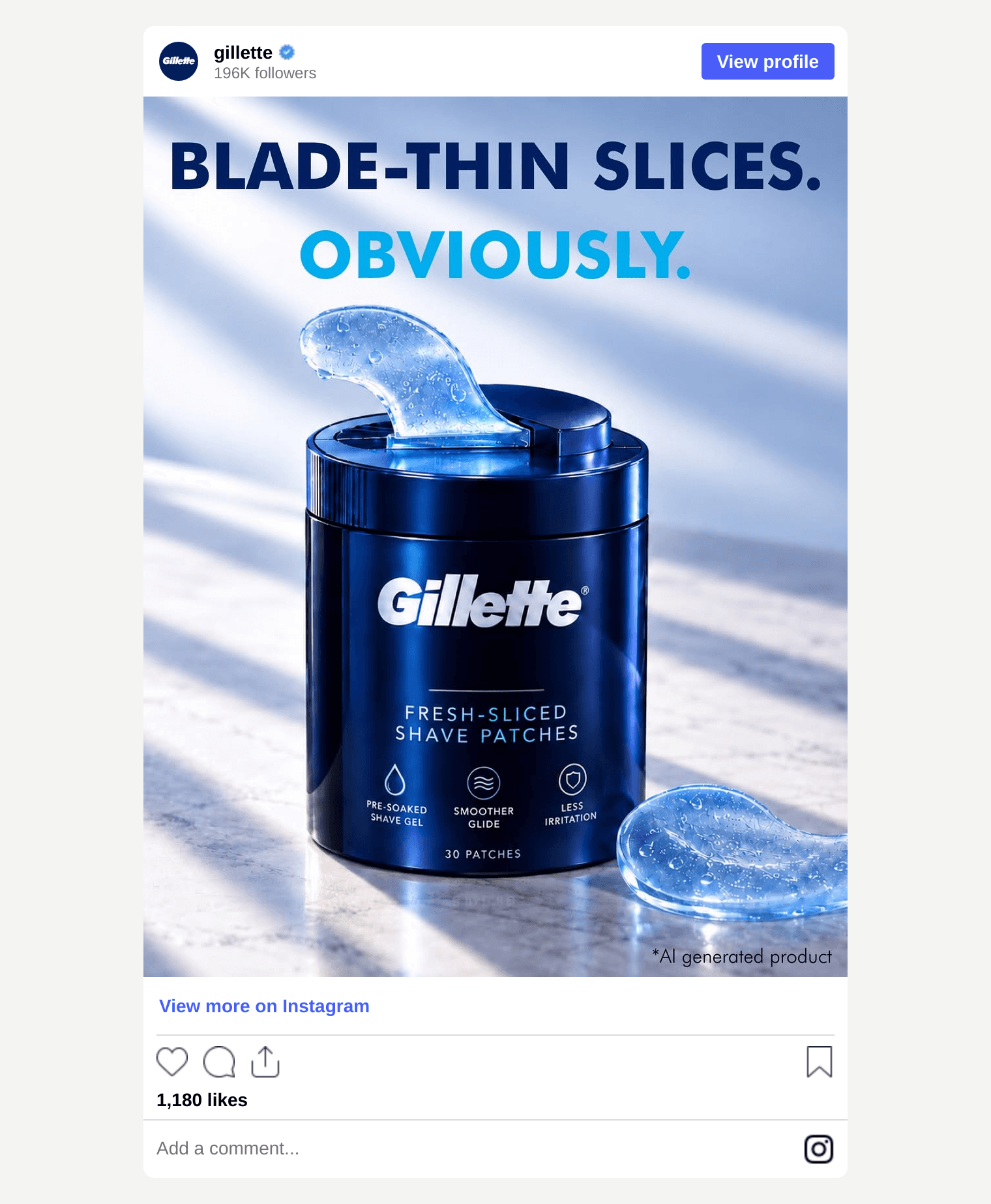 Gillette Instagram post: a dark blue Gillette jar of Fresh-Sliced Shave Patches with the headline Blade-thin slices. Obviously.