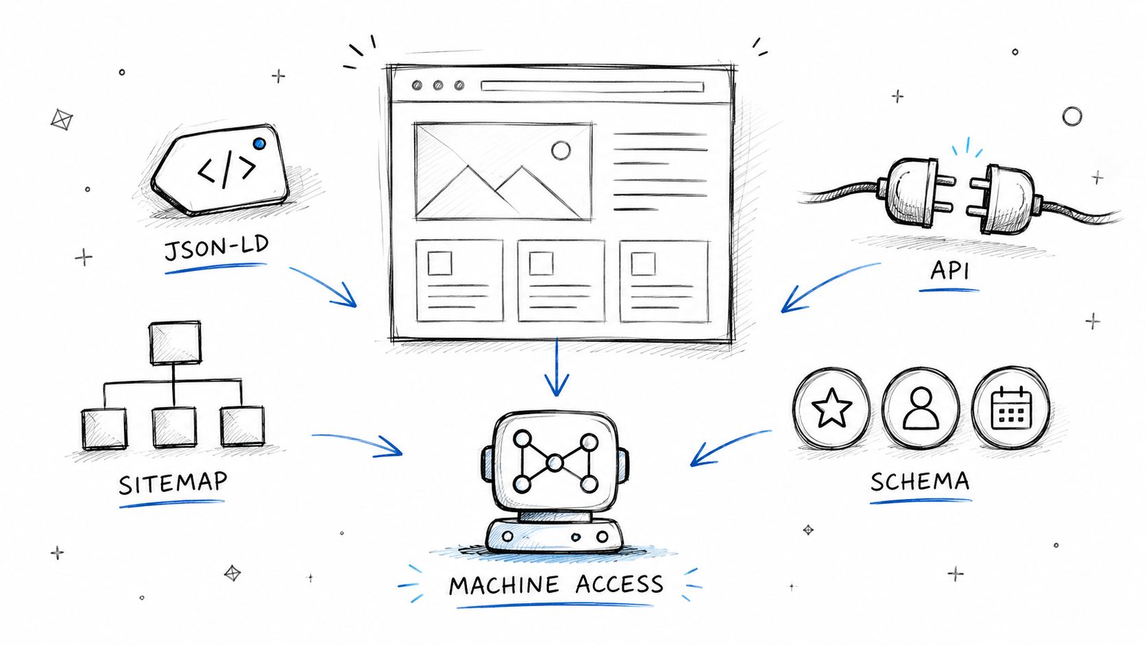 A hand-drawn illustration depicting various technical SEO methods used to facilitate machine access to website content.