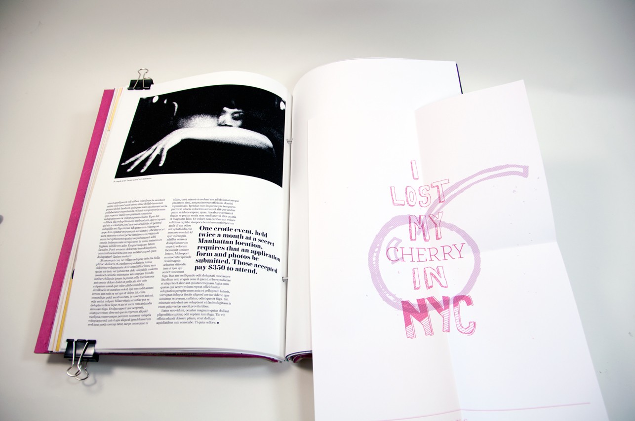 an opened book with an image and text on the left side and a postcard with the message I lost my cherry in NYC