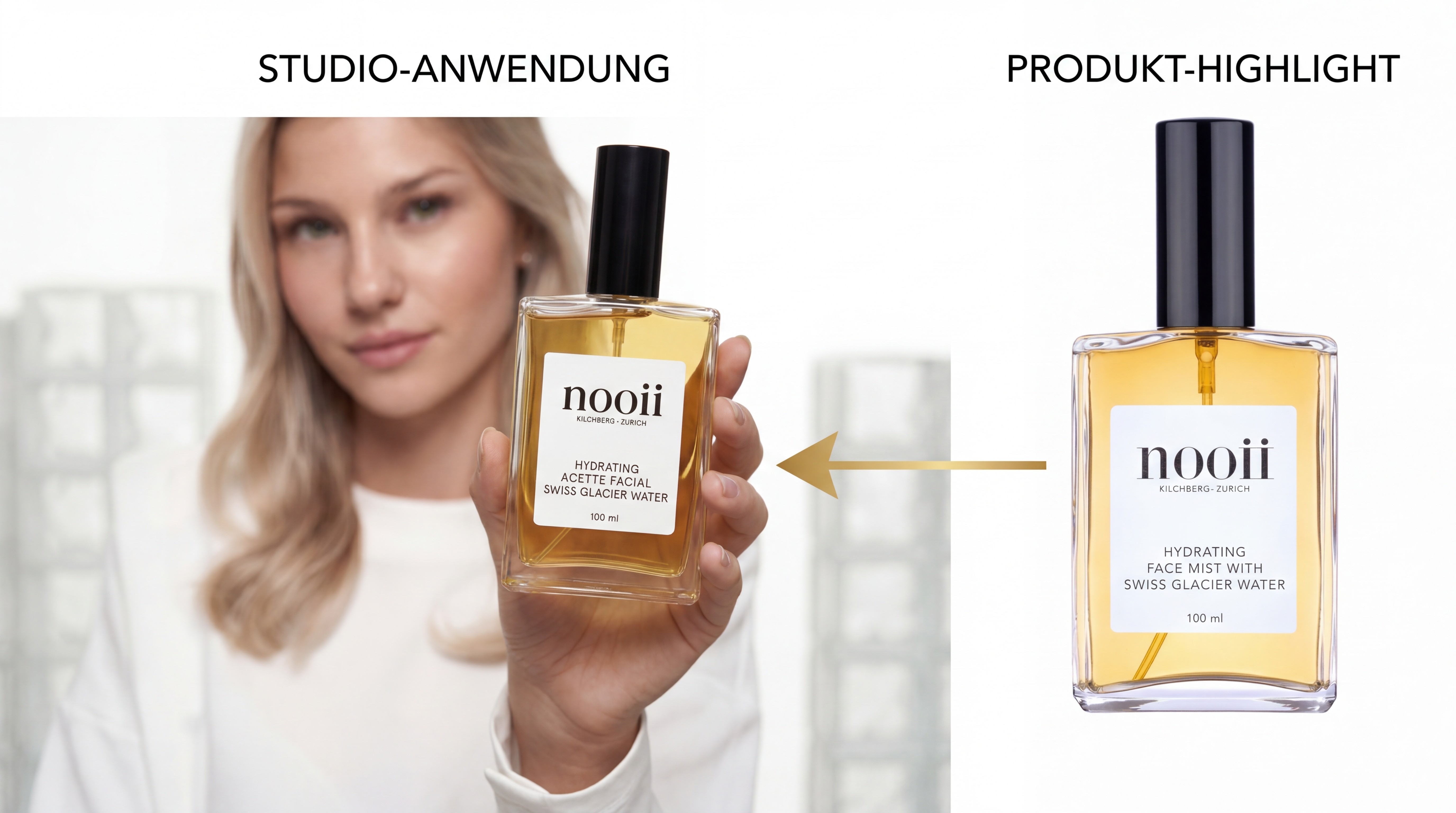 Vergleich Studio-Anwendung und Produkt-Highlight: AI Influencer mit Nooji Parfum in zwei Settings – Showcase für KI-Produktfotografie