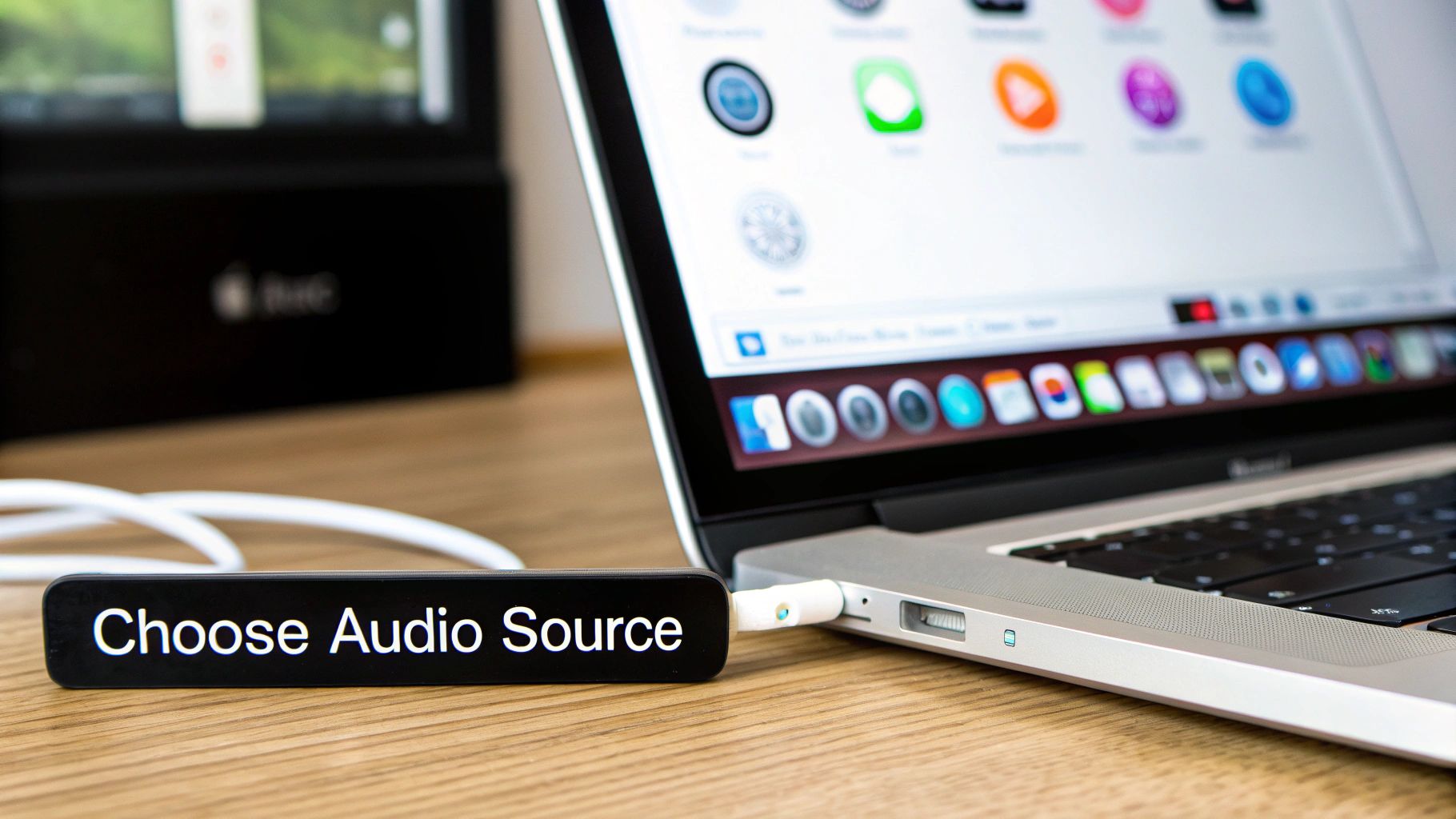 Man adjusting audio settings on a Mac in a home office environment