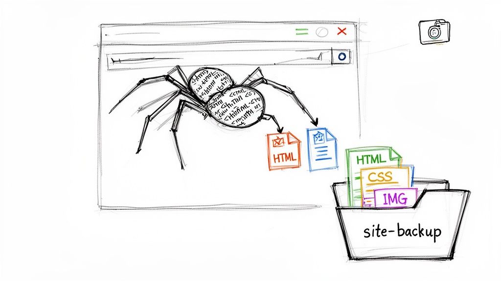 A sketch shows a web spider extracting HTML and other files from a browser into a 'site-backup' folder.