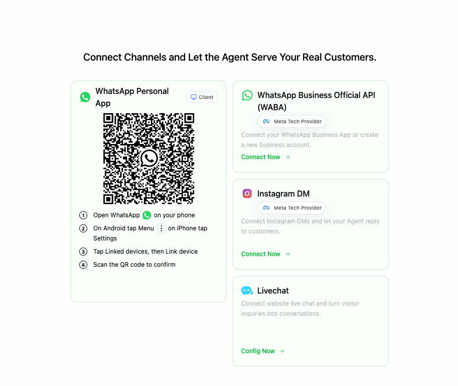 Dealism Desktop onboarding screen with the WhatsApp Personal App QR code and linked-device steps
