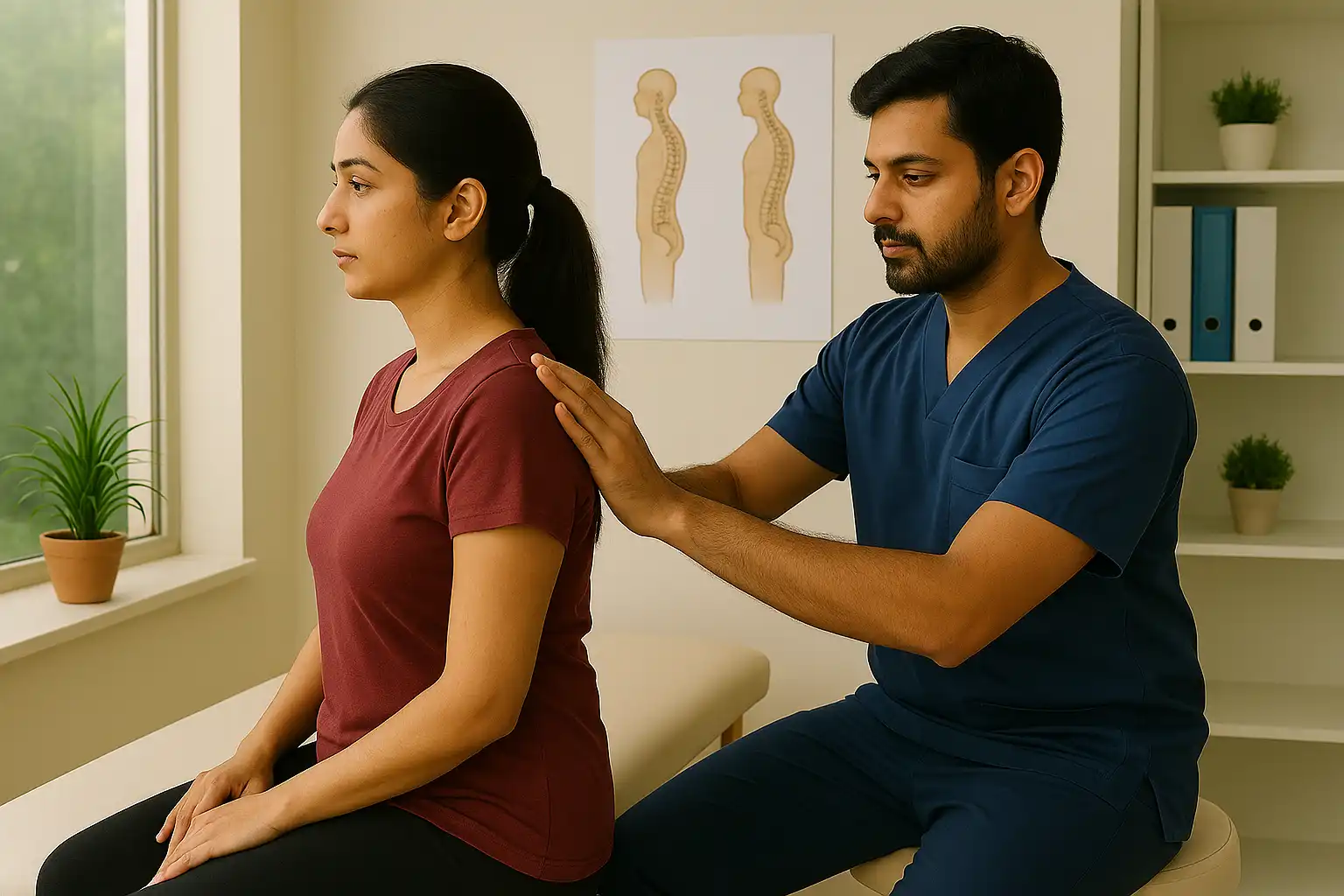 A physiotherapist assessing a woman’s sitting posture by placing hands on her upper back in a clinic setting with a spine chart in the background.
