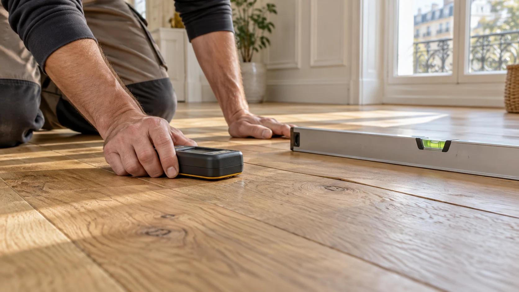 Illustration du contrôle de l’humidité et de la planéité d’un parquet déformé