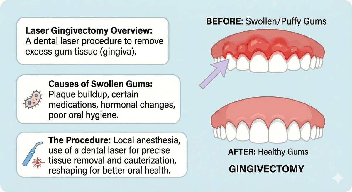 Infographic of a gingivectomy in North York, ON at Sovrle Dental Clinic describing an overview of the procedure, causes of swollen gums, and how the procedure is performed