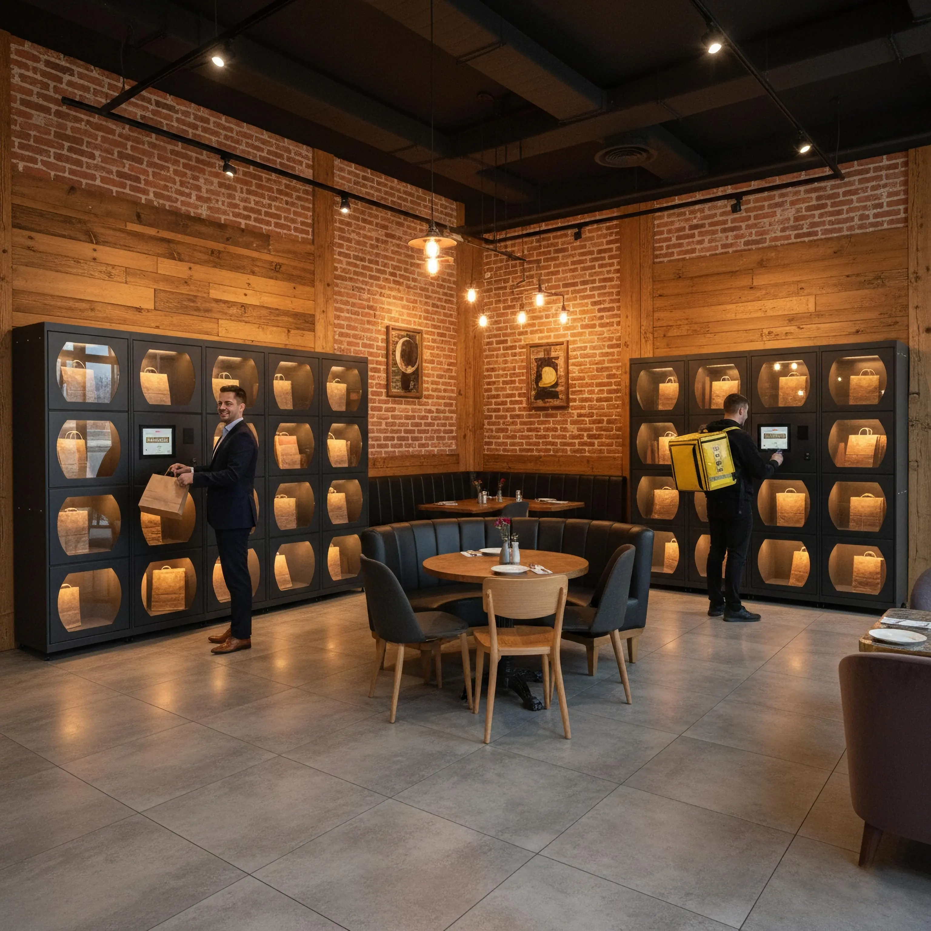 Heated smart lockers for restaurant meal pickup. A courier delivers and a customer retrieves hot food, saving restaurants 47% on delivery costs