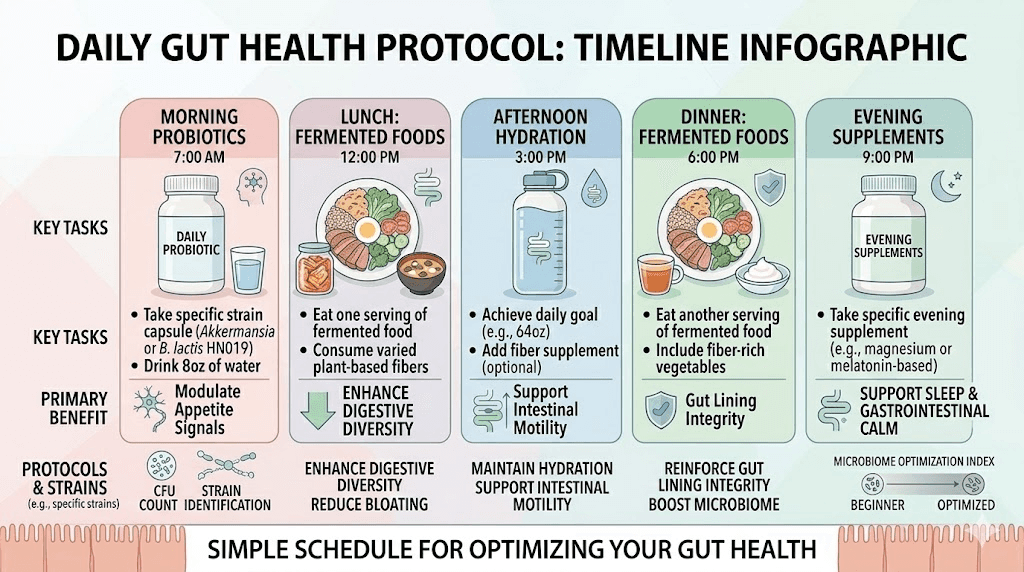 Complete daily gut health protocol timeline for semaglutide user
