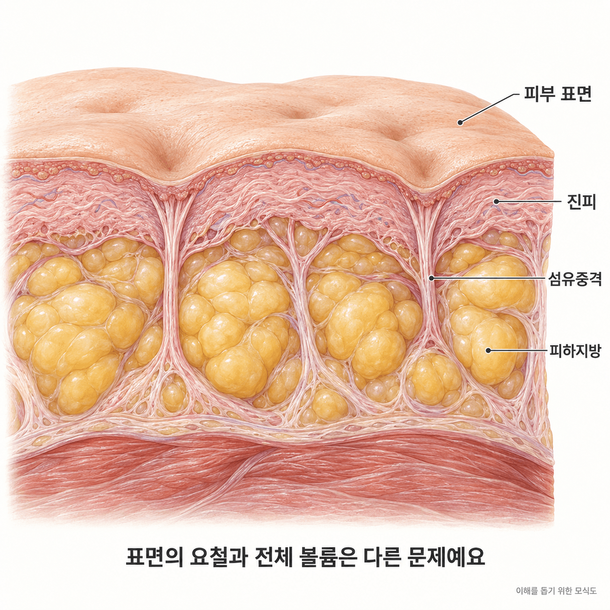 셀룰라이트의 표면 요철과 피부 아래 섬유중격·지방조직의 관계를 보여주는 모식도