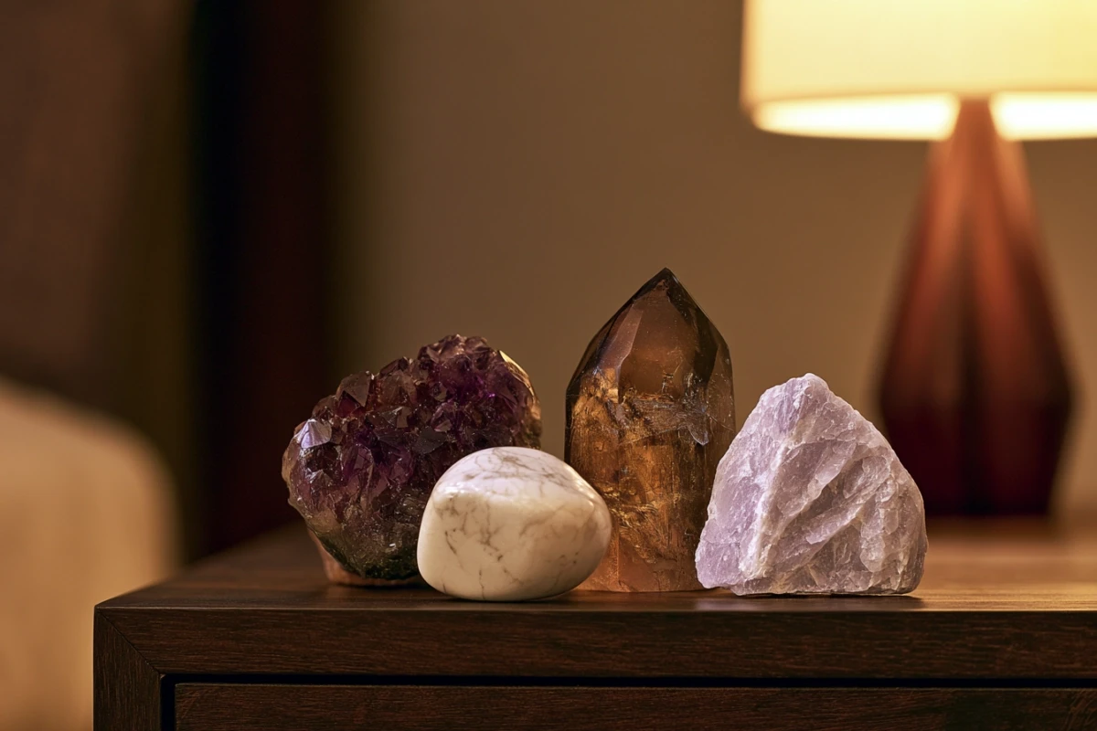 Four crystals on a dark wooden nightstand at night — amethyst cluster, white howlite tumble stone, smoky quartz point, and lepidolite — lit by soft bedside lamp glow.