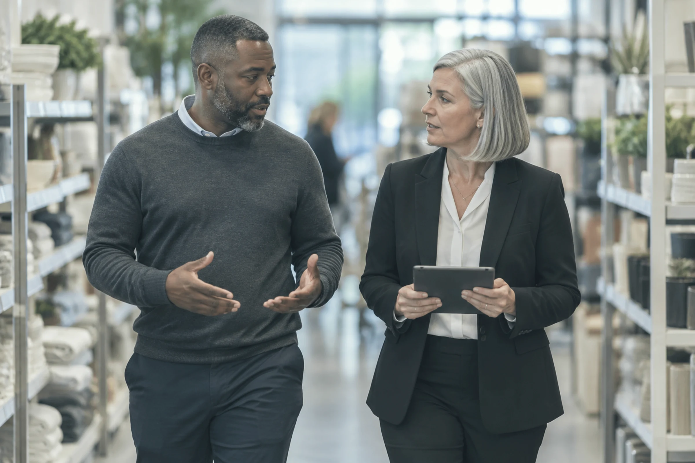 A retail director and a consultant walking down a store aisle