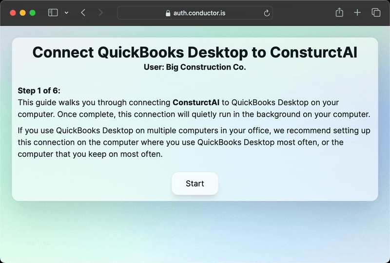 Conductor QuickBooks Desktop auth flow