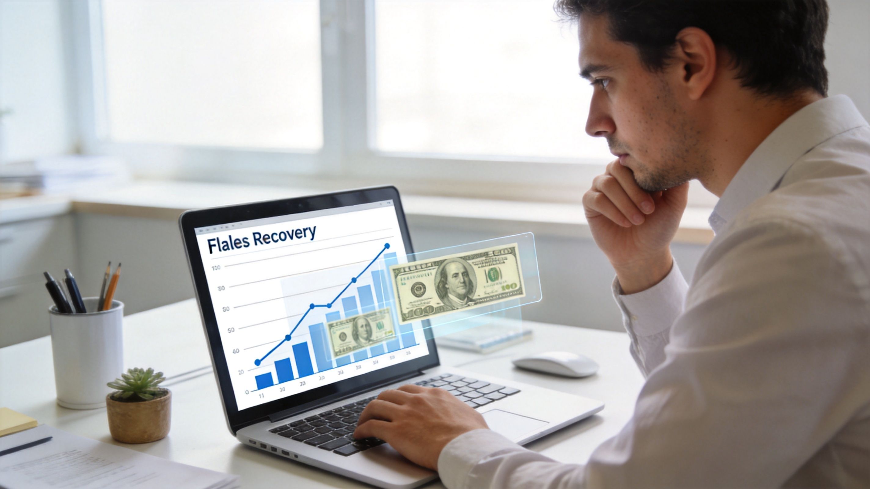 A professional man looks at a laptop screen displaying a sales recovery chart and currency symbols.