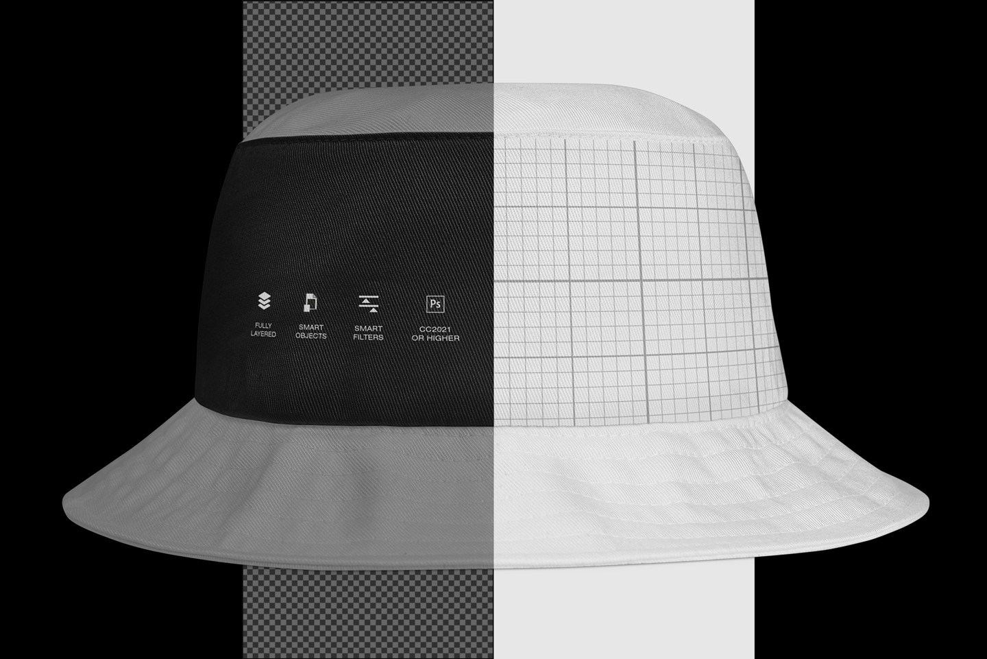 Bucket hat mockup split view demonstrating the Photoshop smart object grid and layered file structure