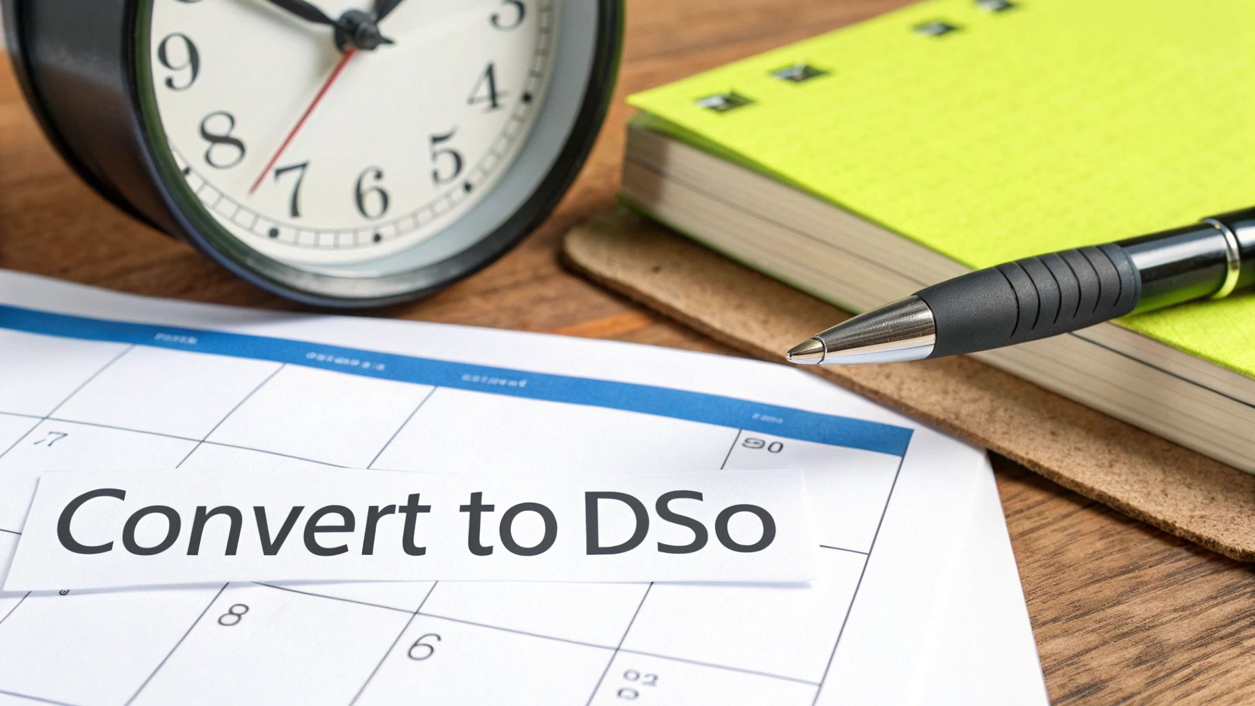 Desk with a calendar showing a 'Convert to DSo' note, along with a clock, notebook, and pen.