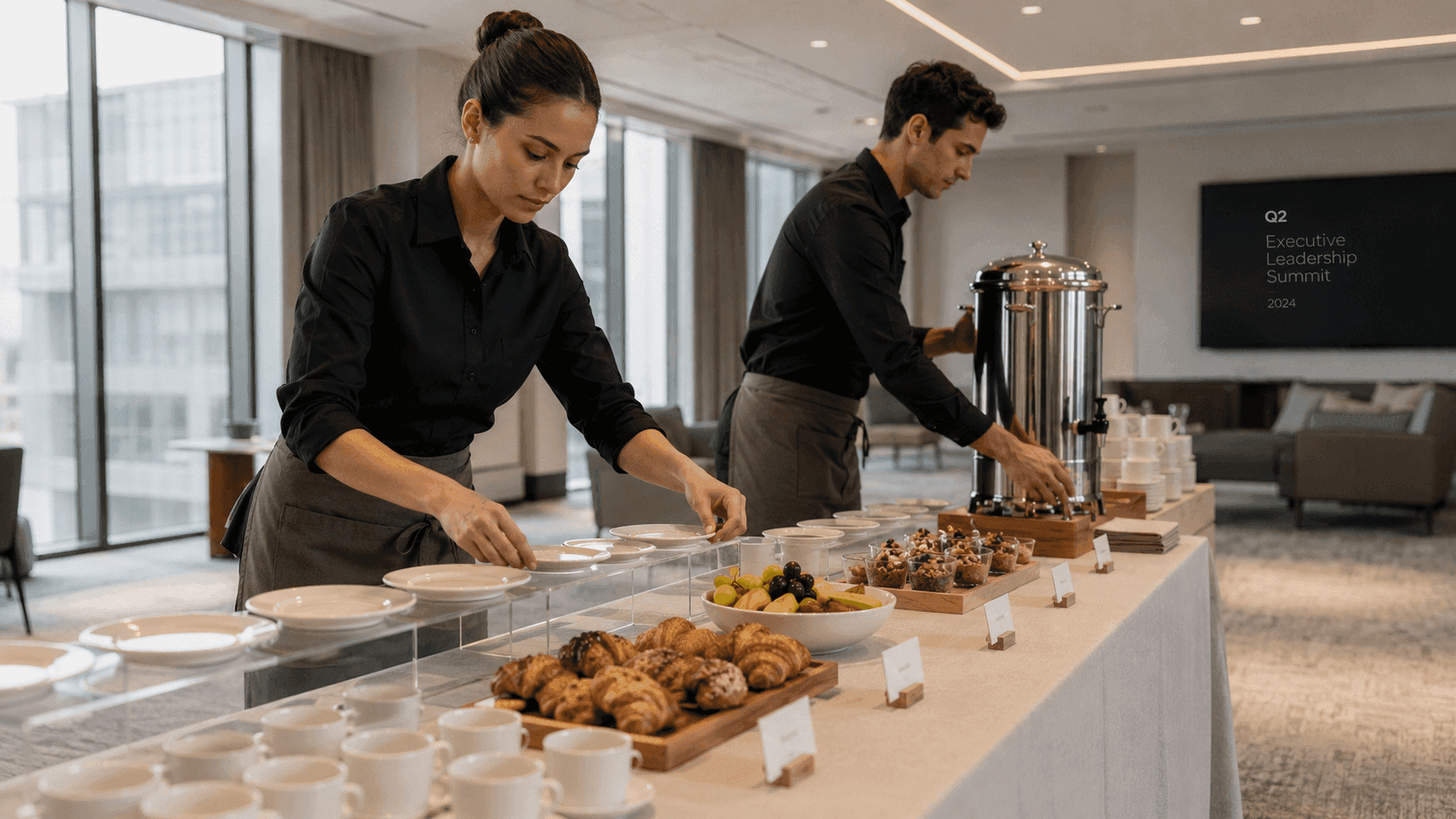 Equipe de catering corporativo em montagem de coffee break para grande evento em São Paulo