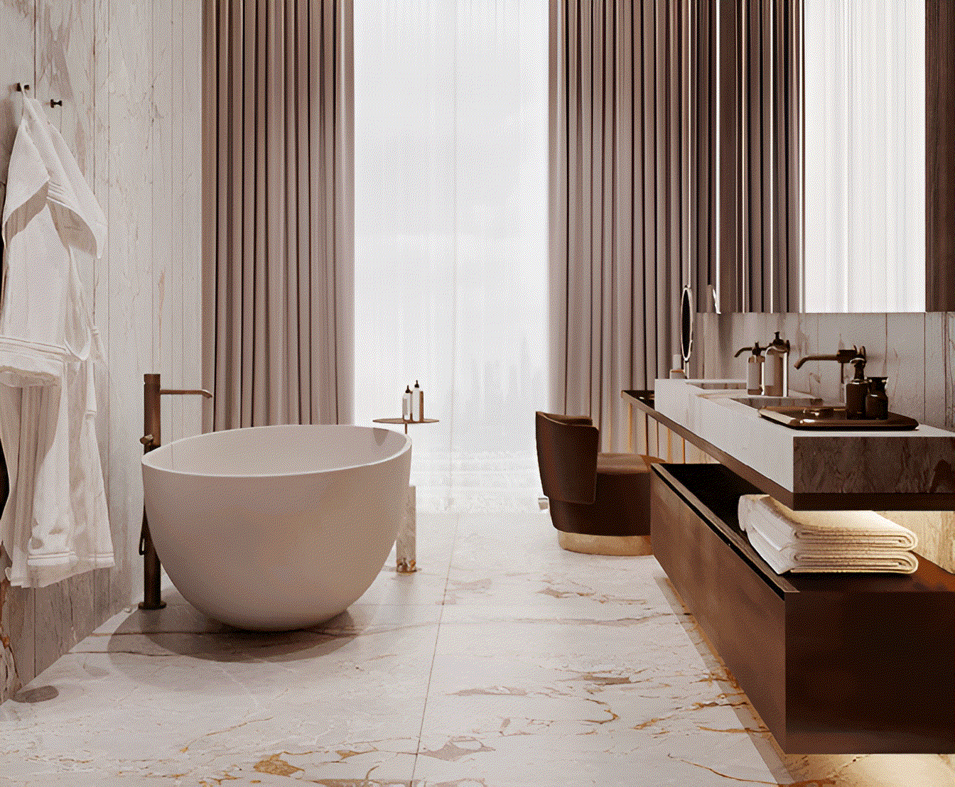 A spacious bathroom featuring a large bathtub and an expansive mirror, designed in the Orla Infinity style.