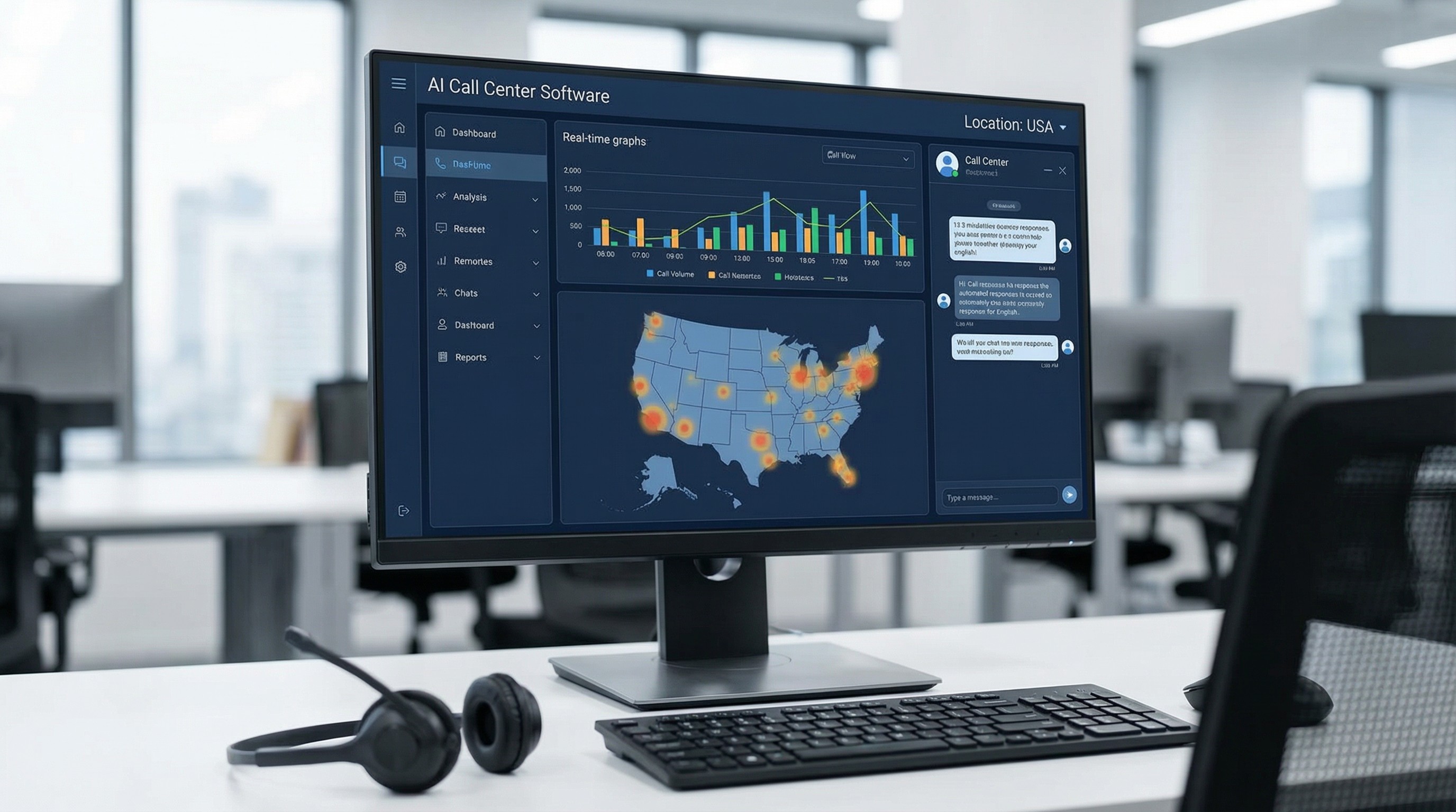 AI call center software dashboard showing real-time call analytics, charts, and a USA heatmap of call activity on a desktop monitor.