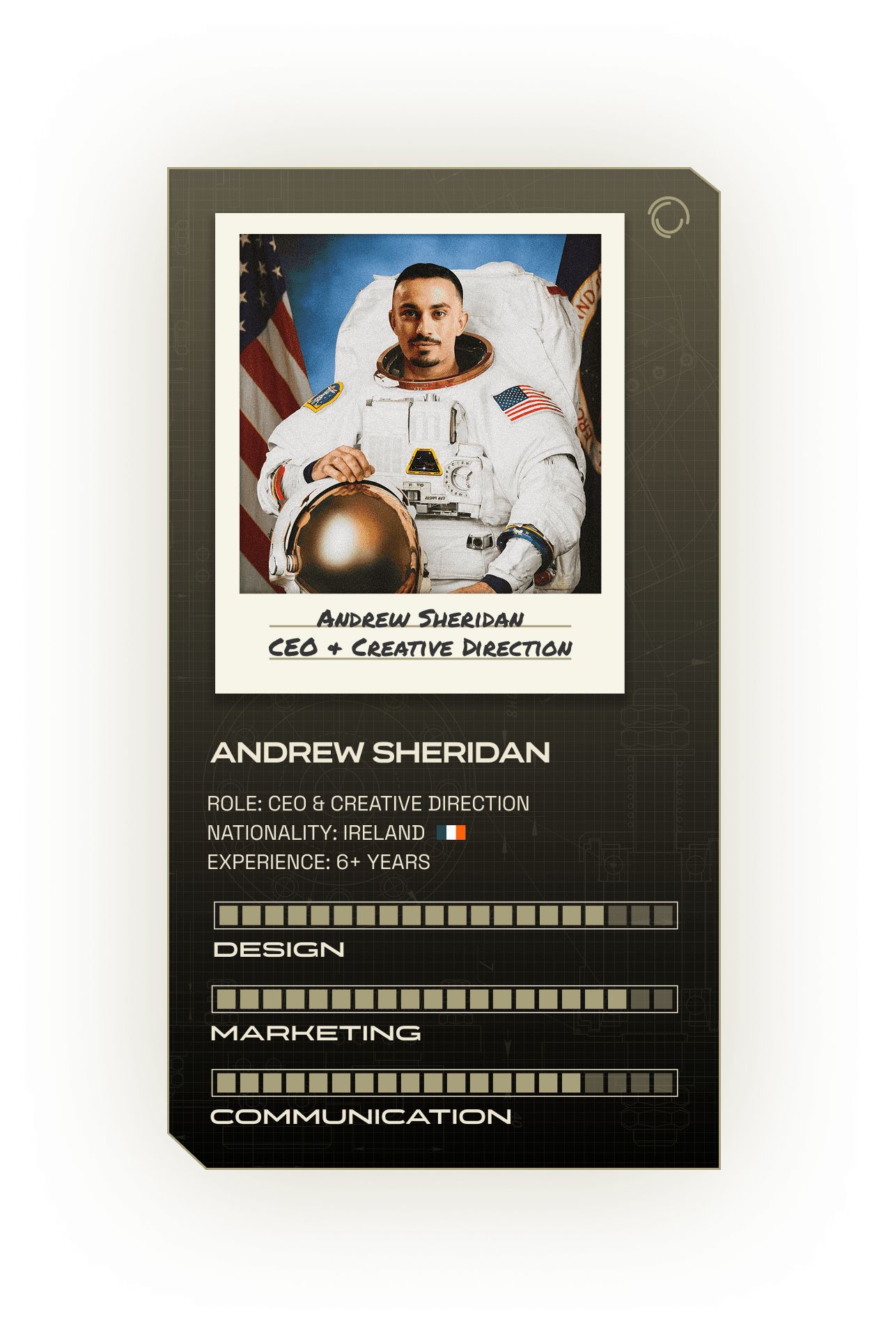 An astronaut in a white space suit stands proudly, holding a helmet, with one American and one South African flag behind, showcasing digital design and user experience expertise on a stylized profile card.