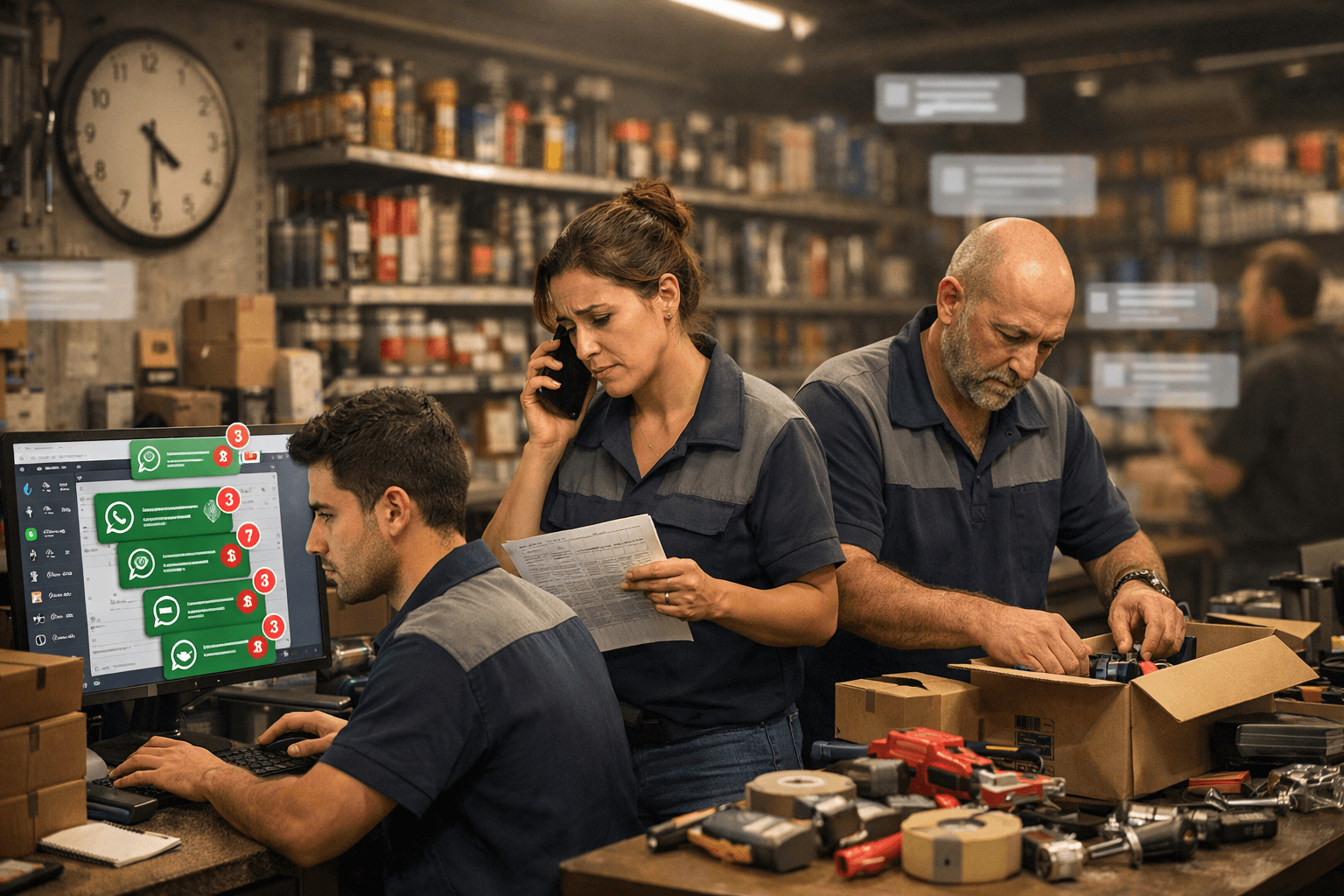 Equipe enxuta em uma loja de ferragens e ferramentas, com prateleiras cheias de produtos ao fundo. Três colaboradores trabalham ao mesmo tempo: um atende mensagens no computador com várias notificações abertas, outro fala ao telefone enquanto confere uma lista de pedidos impressa, e o terceiro separa itens no balcão. O ambiente mostra organização, mas também sobrecarga, sugerindo demora no atendimento online por falta de pessoal. 