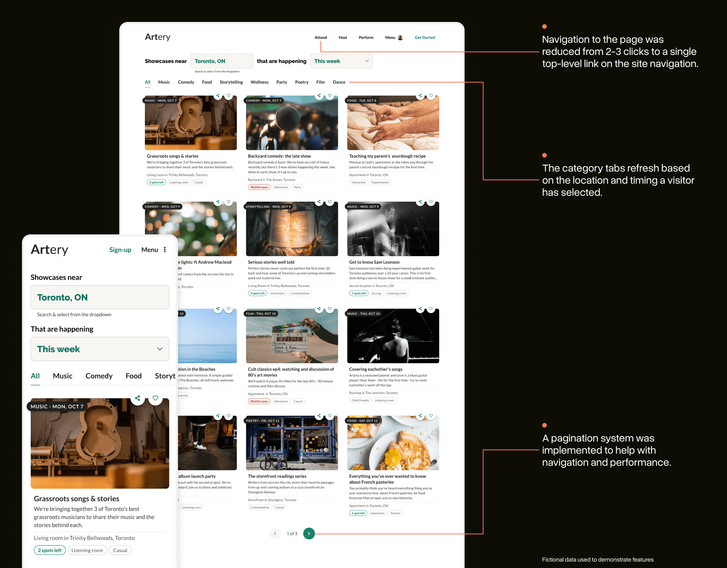 A selection of images showing off the final design. Key details are highlighted: a refreshed navigation that makes the page easier to get to, the category tabs participants liked during the research, and a pagination system to help with performance.