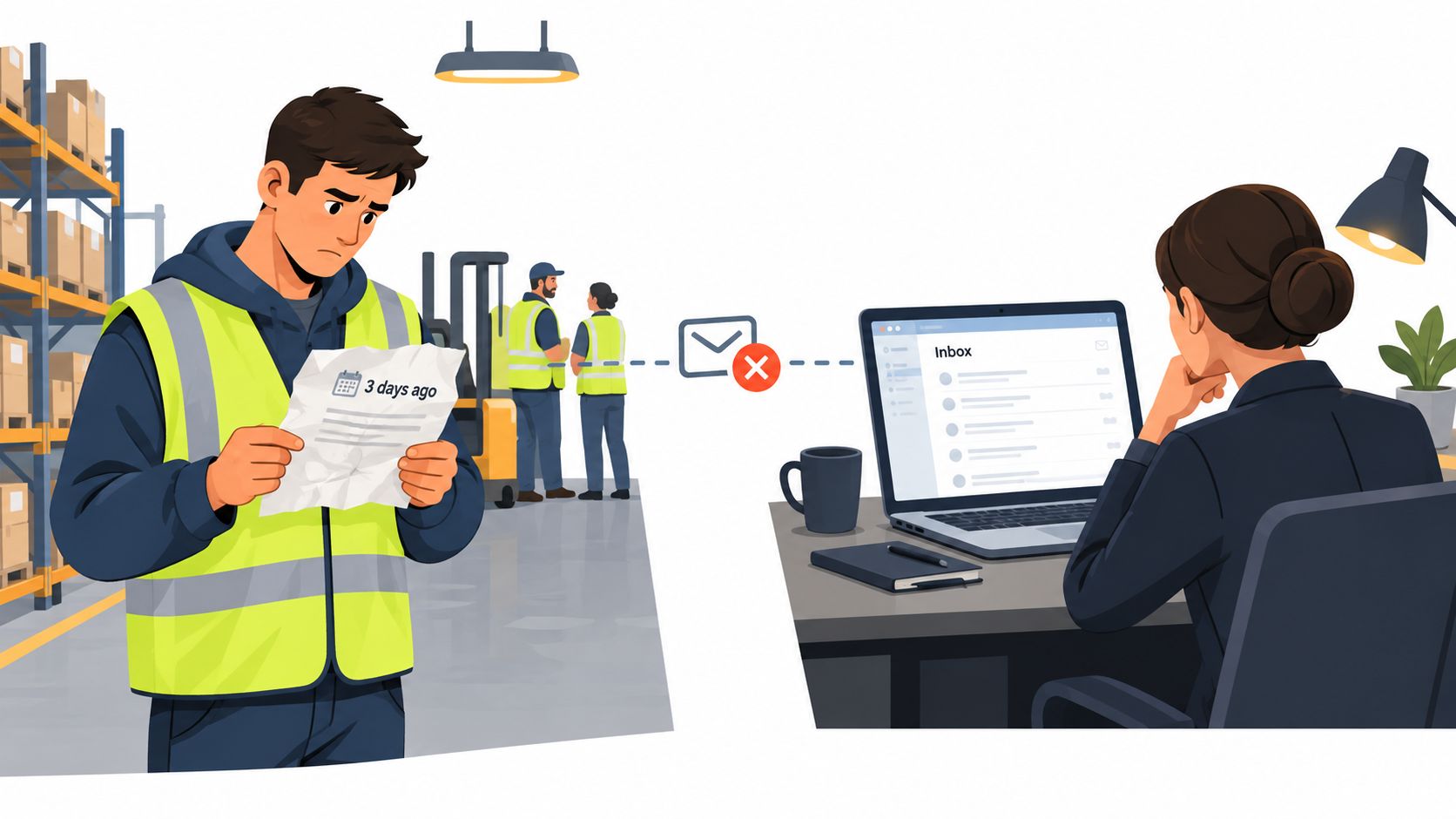 A warehouse worker holding a delayed paper notice while a remote office worker checks an empty inbox.