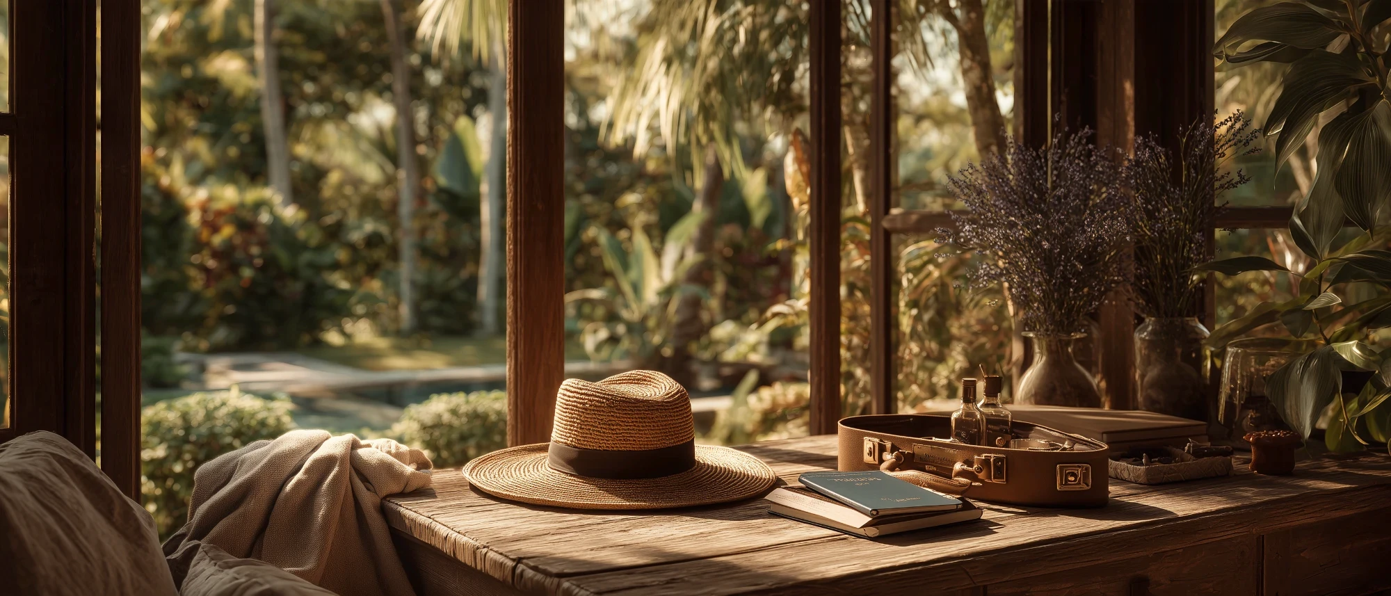 A straw hat, travel notebook and open suitcase on a wooden table by an open window looking onto a tropical garden