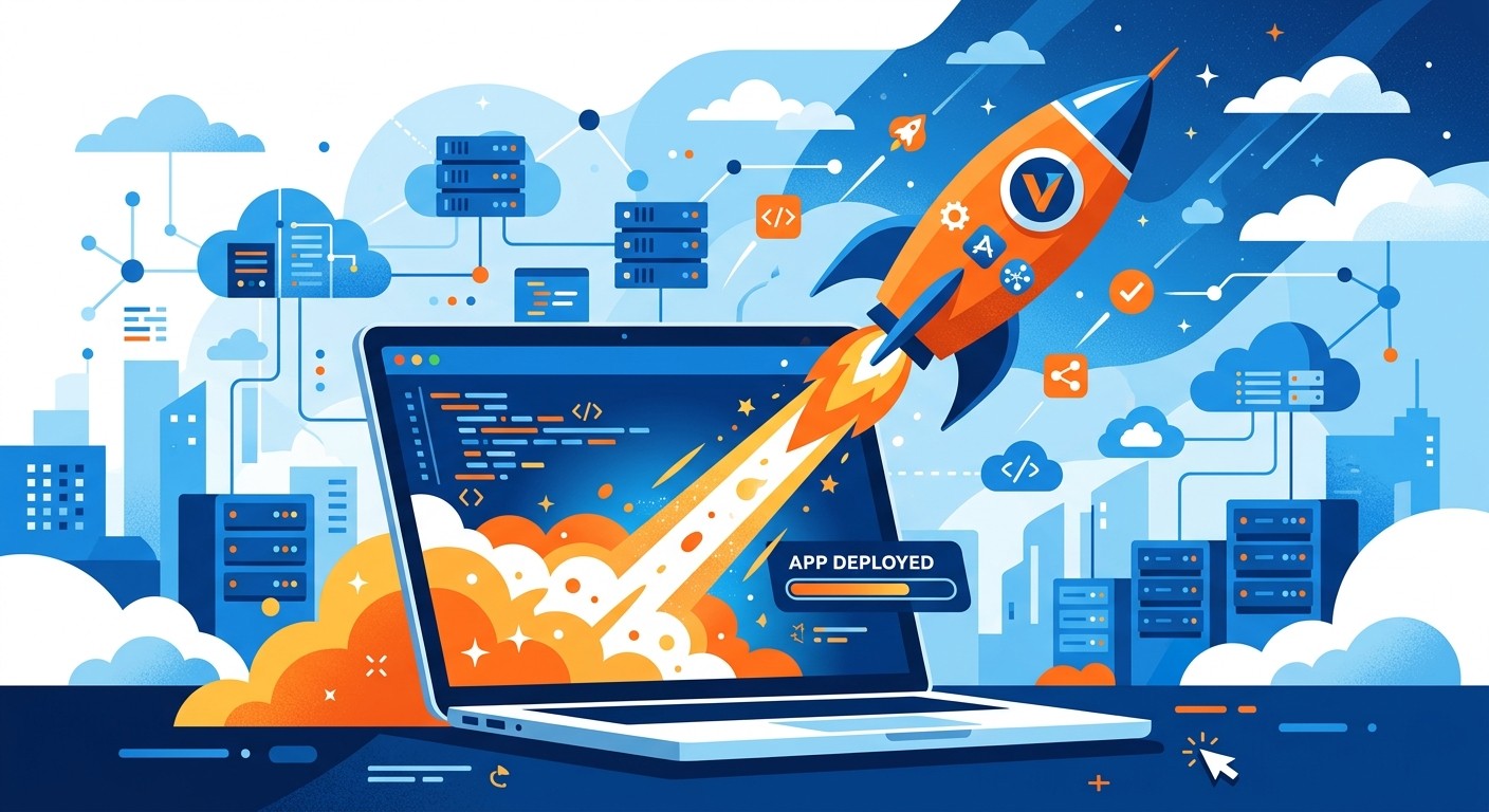 Illustration of a rocket launching from a laptop screen with cloud servers in the background.