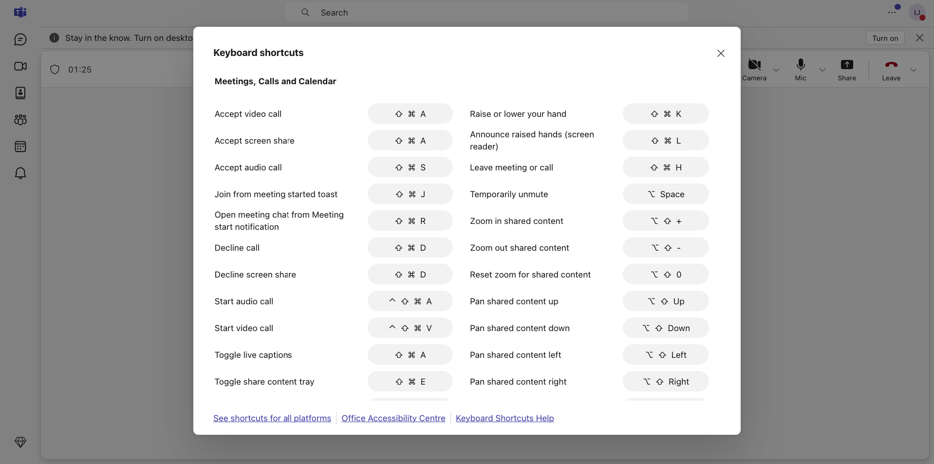 Microsoft Teams keyboard shortcuts panel showing meetings, calls, and calendar shortcuts including raise hand, leave meeting, and accept video call combinations