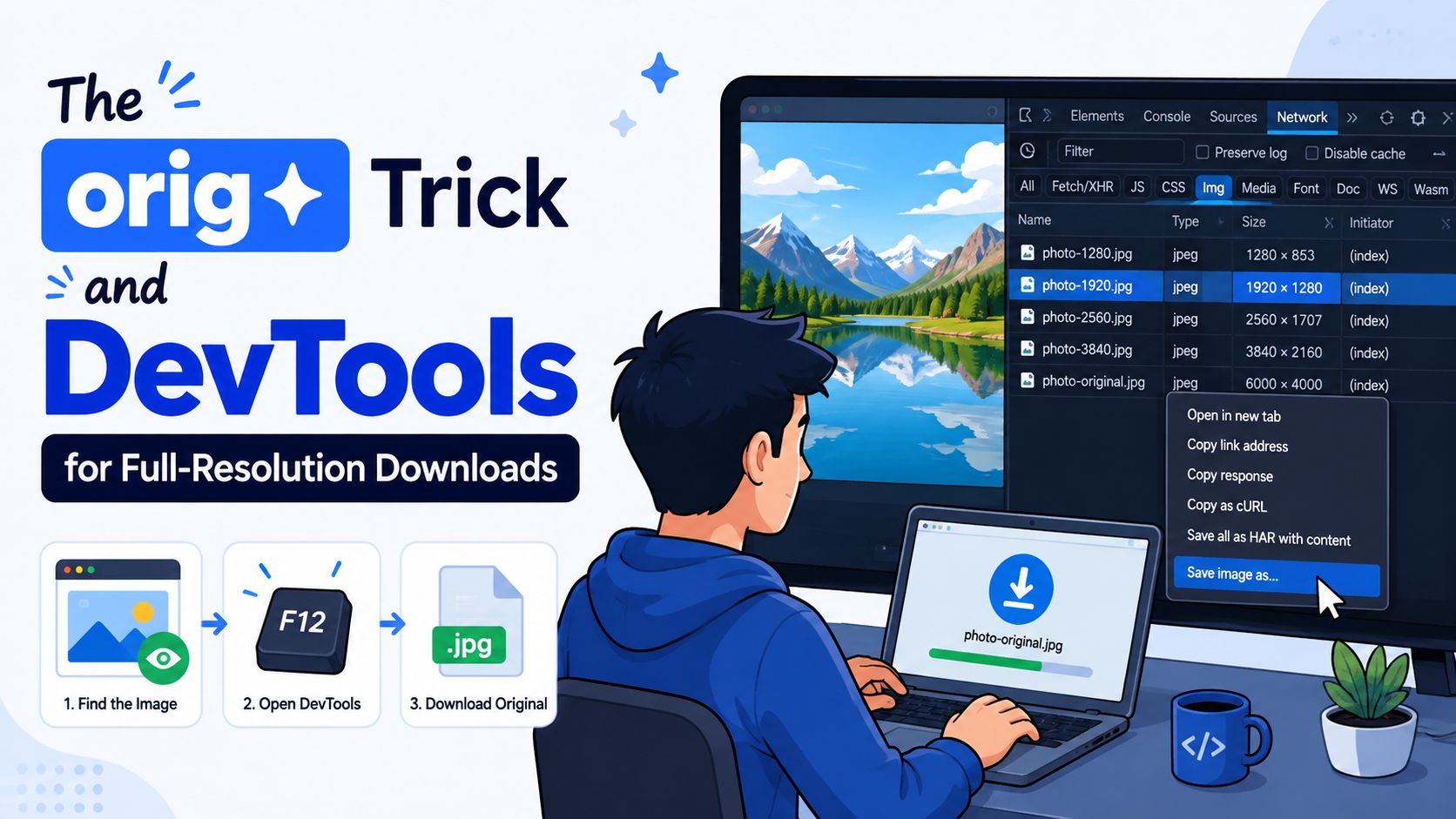 An illustration showing how to use browser DevTools to download original resolution images from a website.