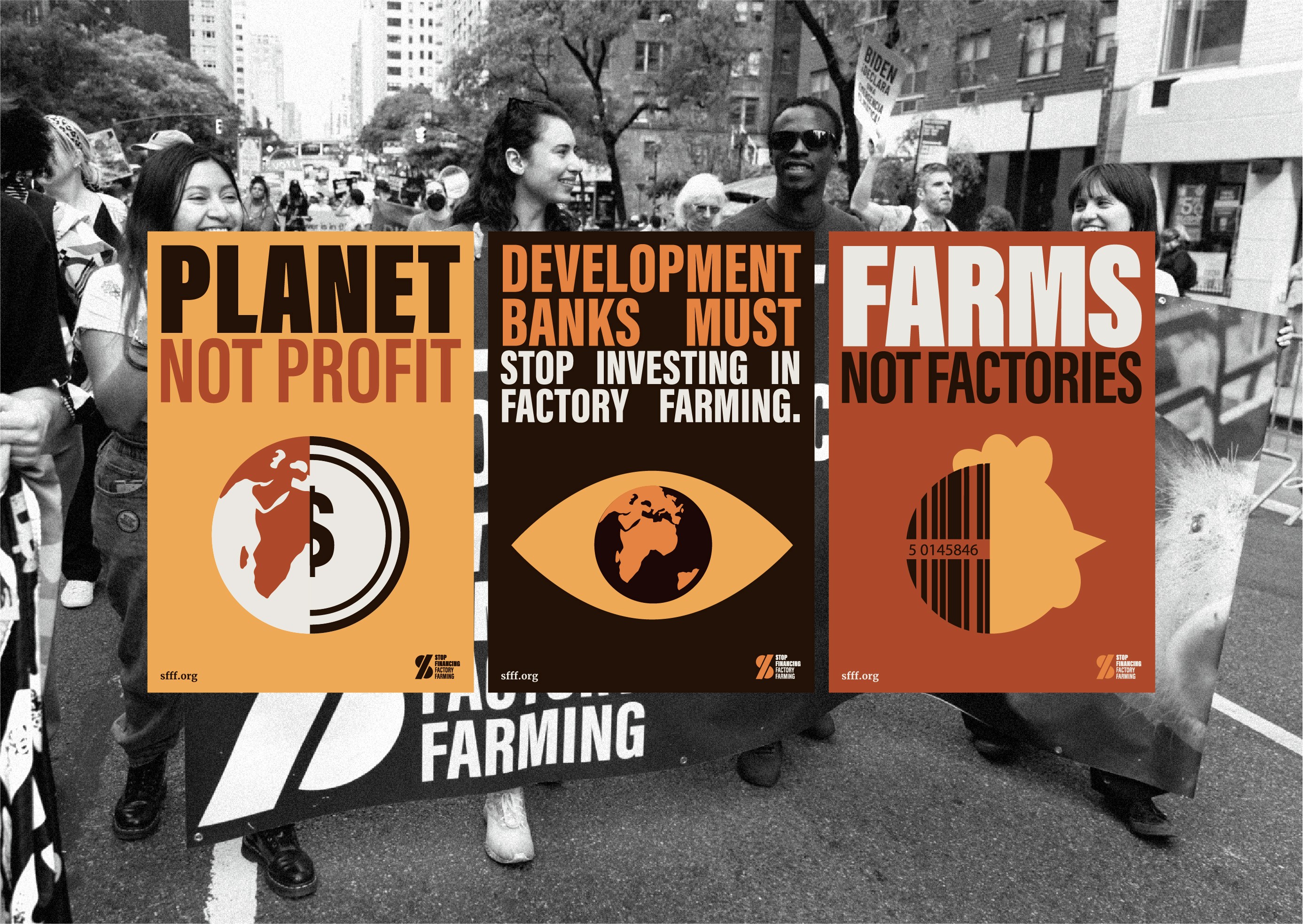 Three posters from the campaign placed on top of a photograph of a protest