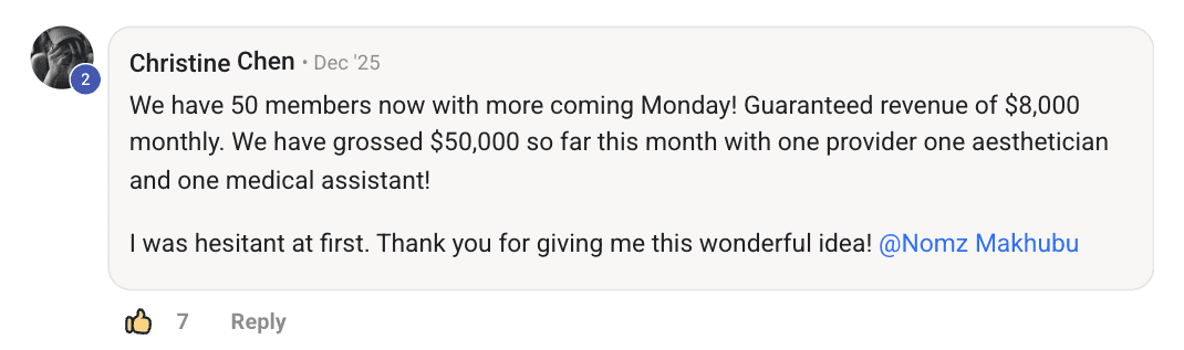 Forever Booked results showing Little Laser Clinic grossing $50,000 with 50 members and $8,000 guaranteed monthly revenue in December 2025