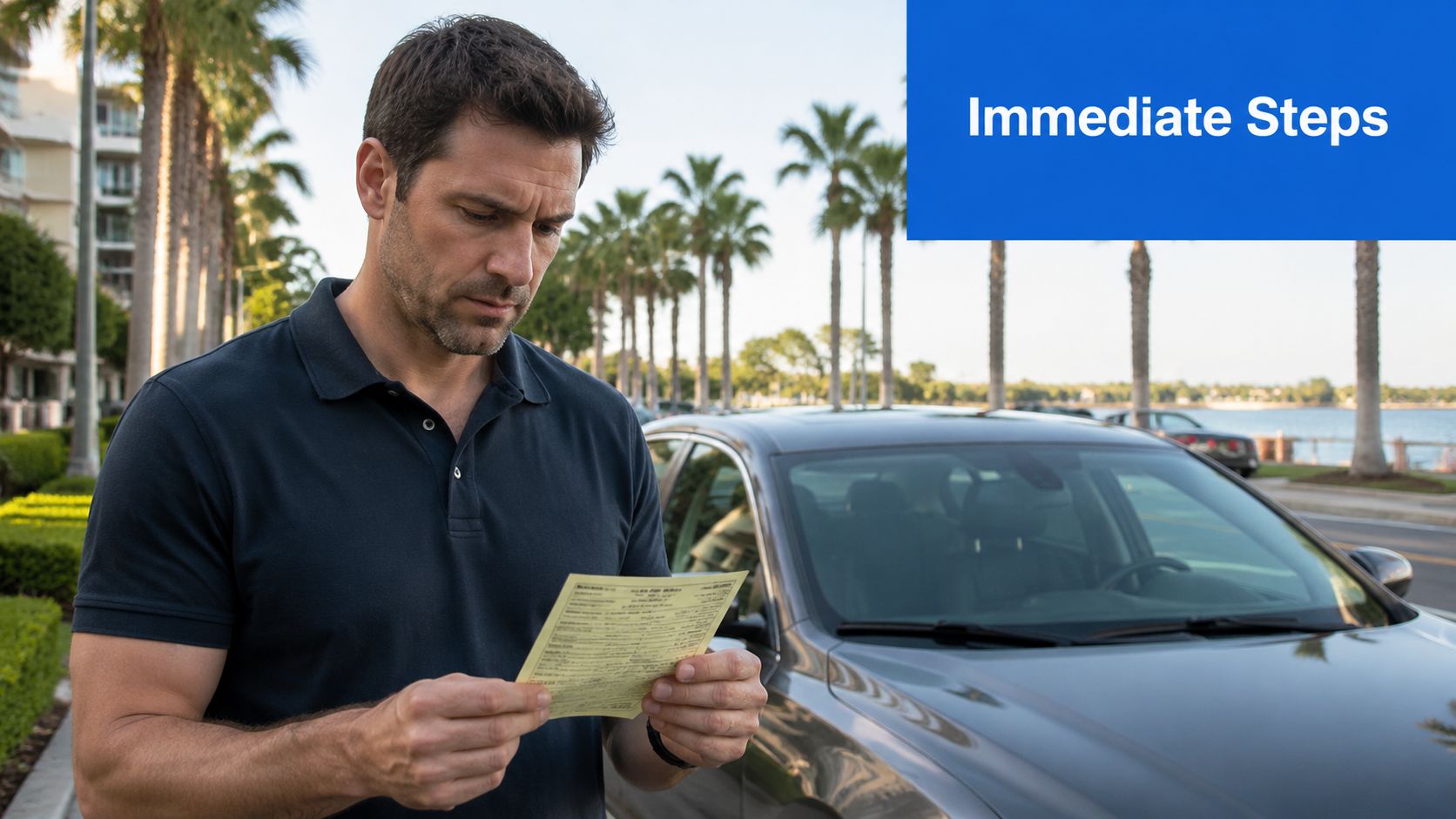 A man in a polo shirt standing outside, reading a yellow traffic citation near his car.