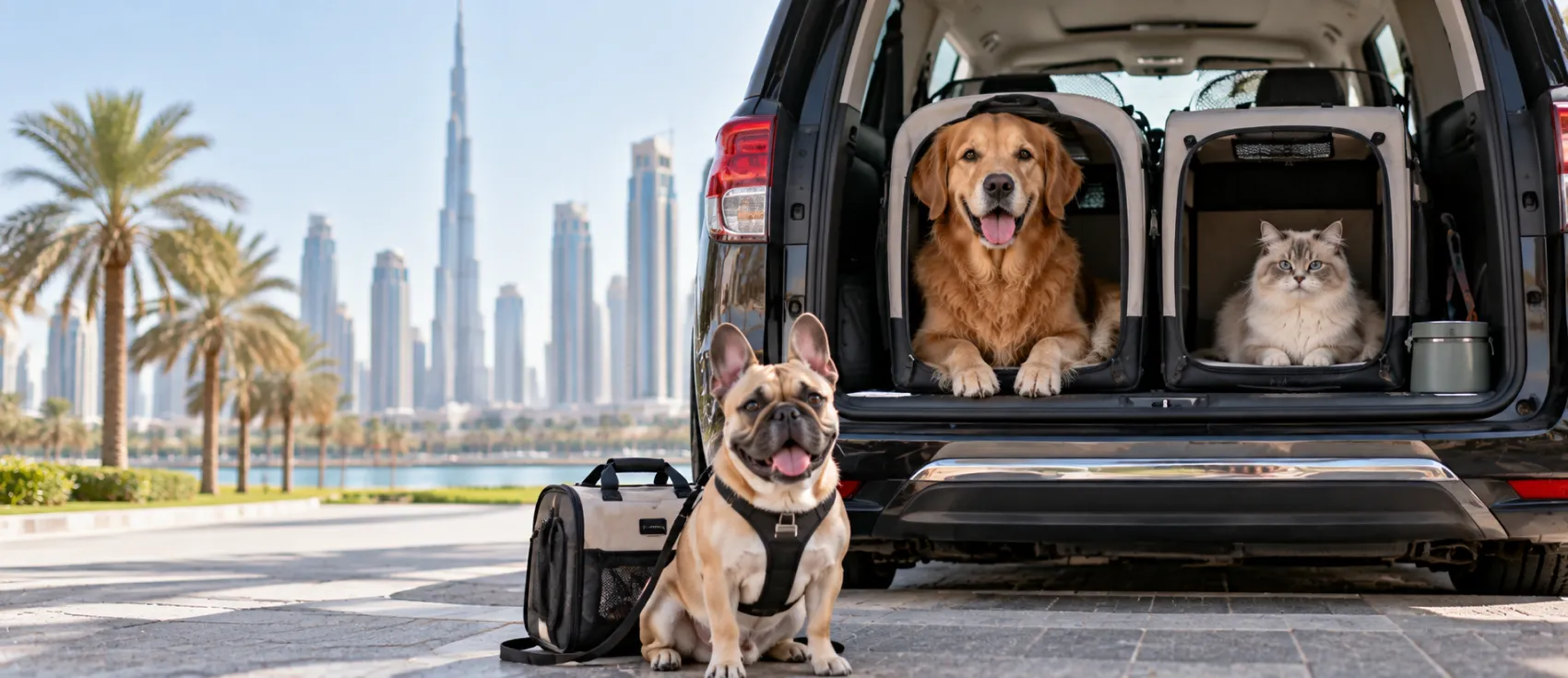 A dog and a cat sit together in a car boot with the Dubai skyline behind them.