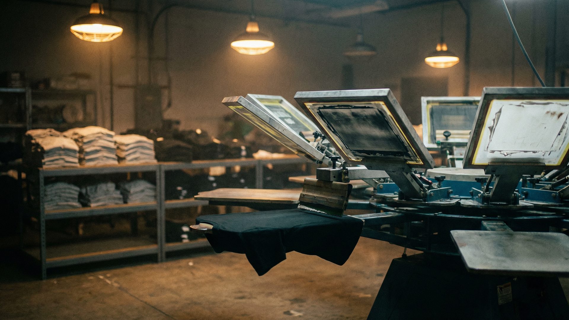 A professional screen printing press in a dark industrial print shop, with screens loaded and a dark garment on the platen, surrounded by stacks of blank garments on metal shelving under warm overhead lamps.
