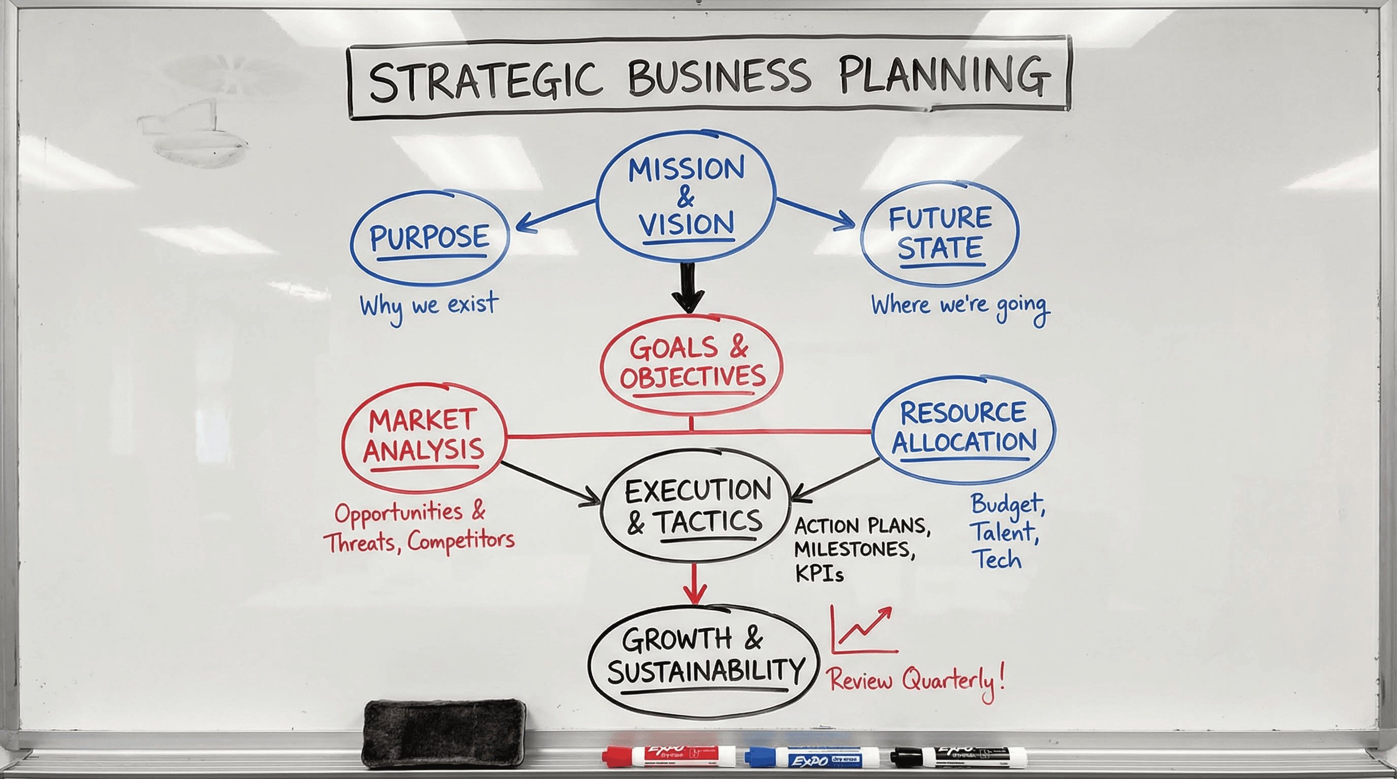 Realistic whiteboard infographic featuring red and blue dry-erase marker drawings, diagrams, and handwriting.