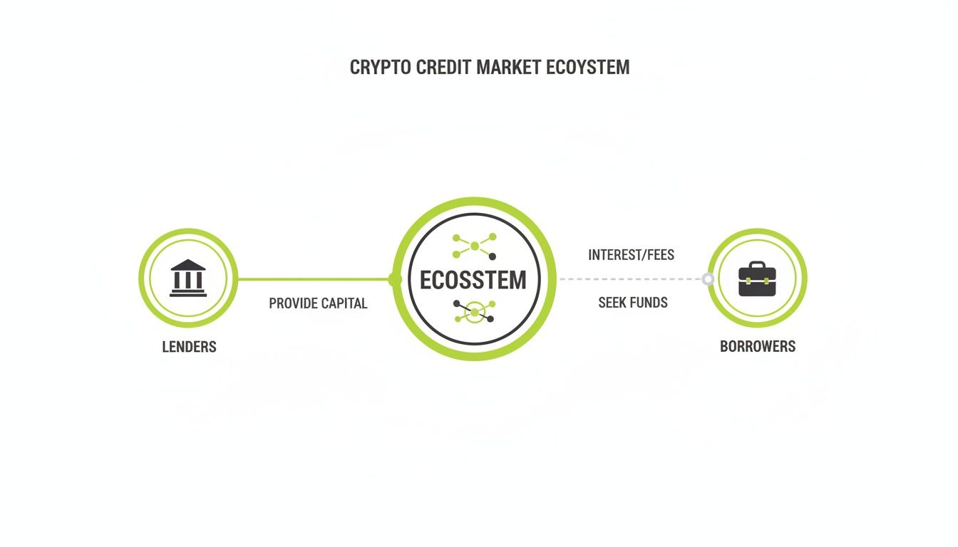 Diagram of crypto credit market ecosystem: lenders provide capital, borrowers seek funds and pay interest.