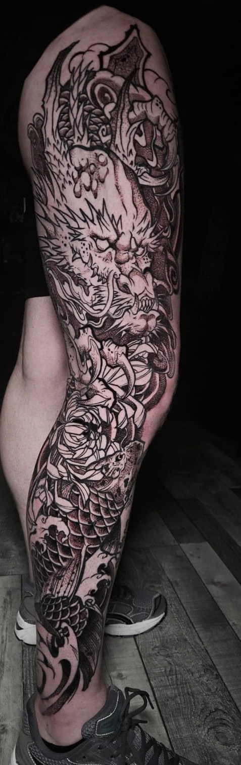Full-leg dragon tattoo by Alberto