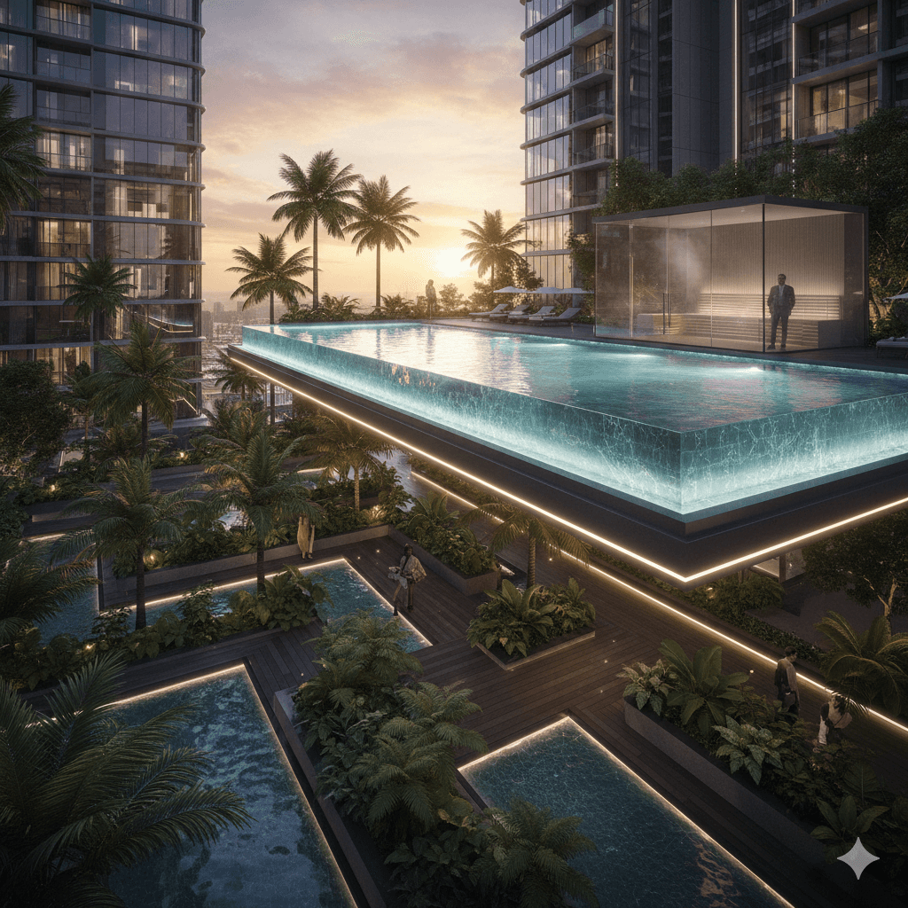 Rooftop infinity pool and elevated sky deck at Sector 66 residential project