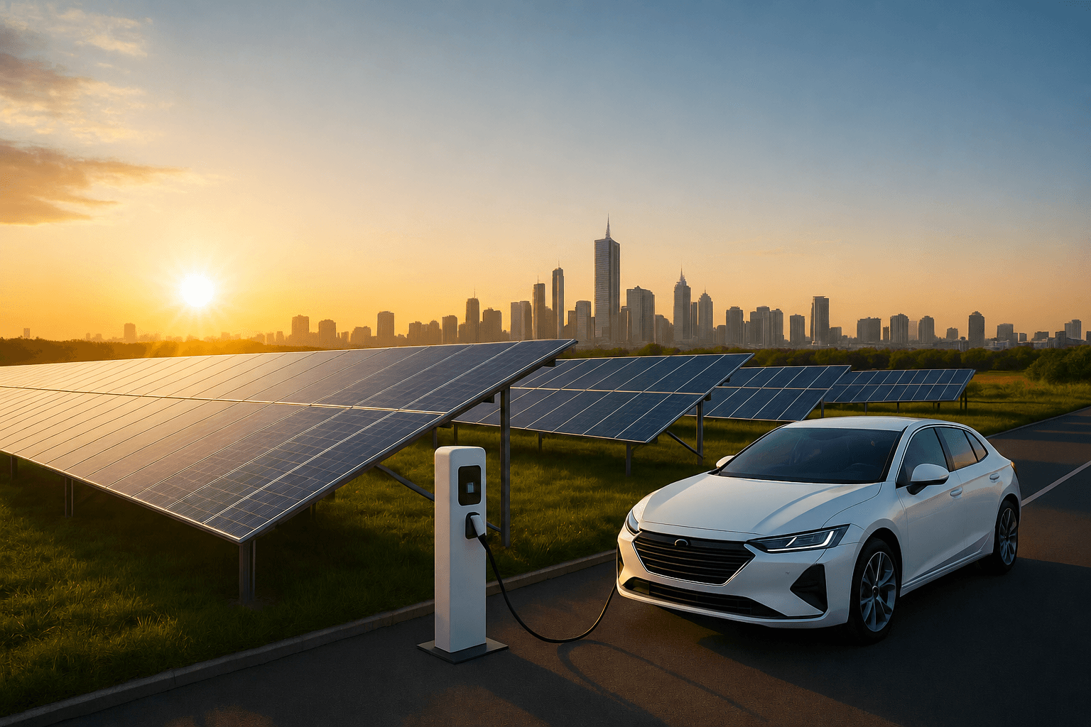 Solar panels & Wind Turbines & ev car being charged with ev charger
